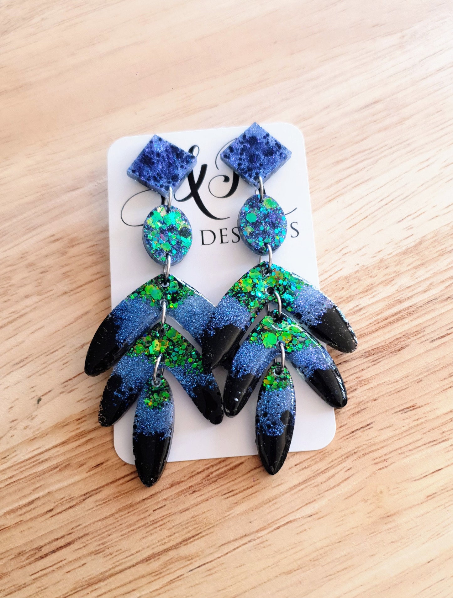 Oversized Leaves Dangle Drop Earrings, Purple Blue Green Black Glitter Resin Chandelier Dangles, Statement Chunky Earrings, Stainless Steel