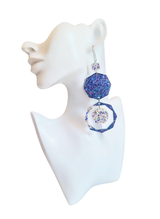 Purple Blue Resin Chunky Earrings, Hypoallergenic Stainless Steel Hooks, Glitter Geometric Statement, Bold Oversized Lightweight Jewellery
