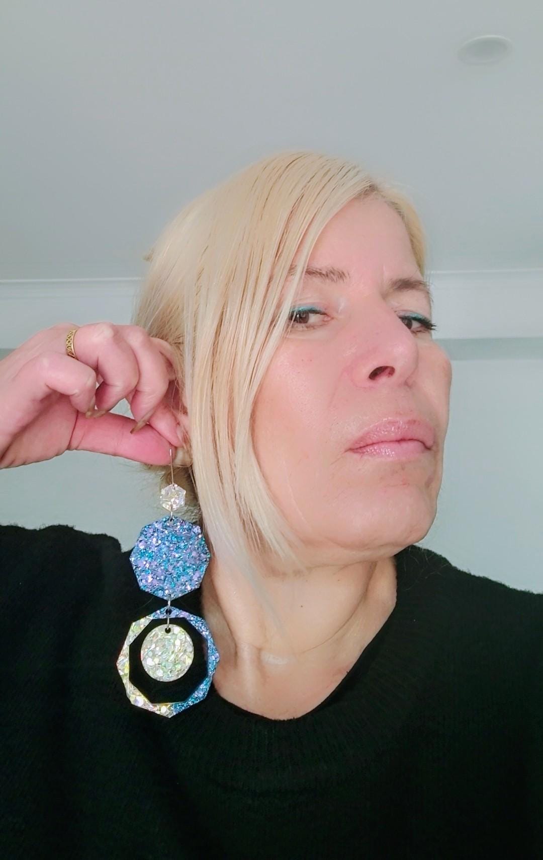 Purple Blue Resin Chunky Earrings, Hypoallergenic Stainless Steel Hooks, Glitter Geometric Statement, Bold Oversized Lightweight Jewellery