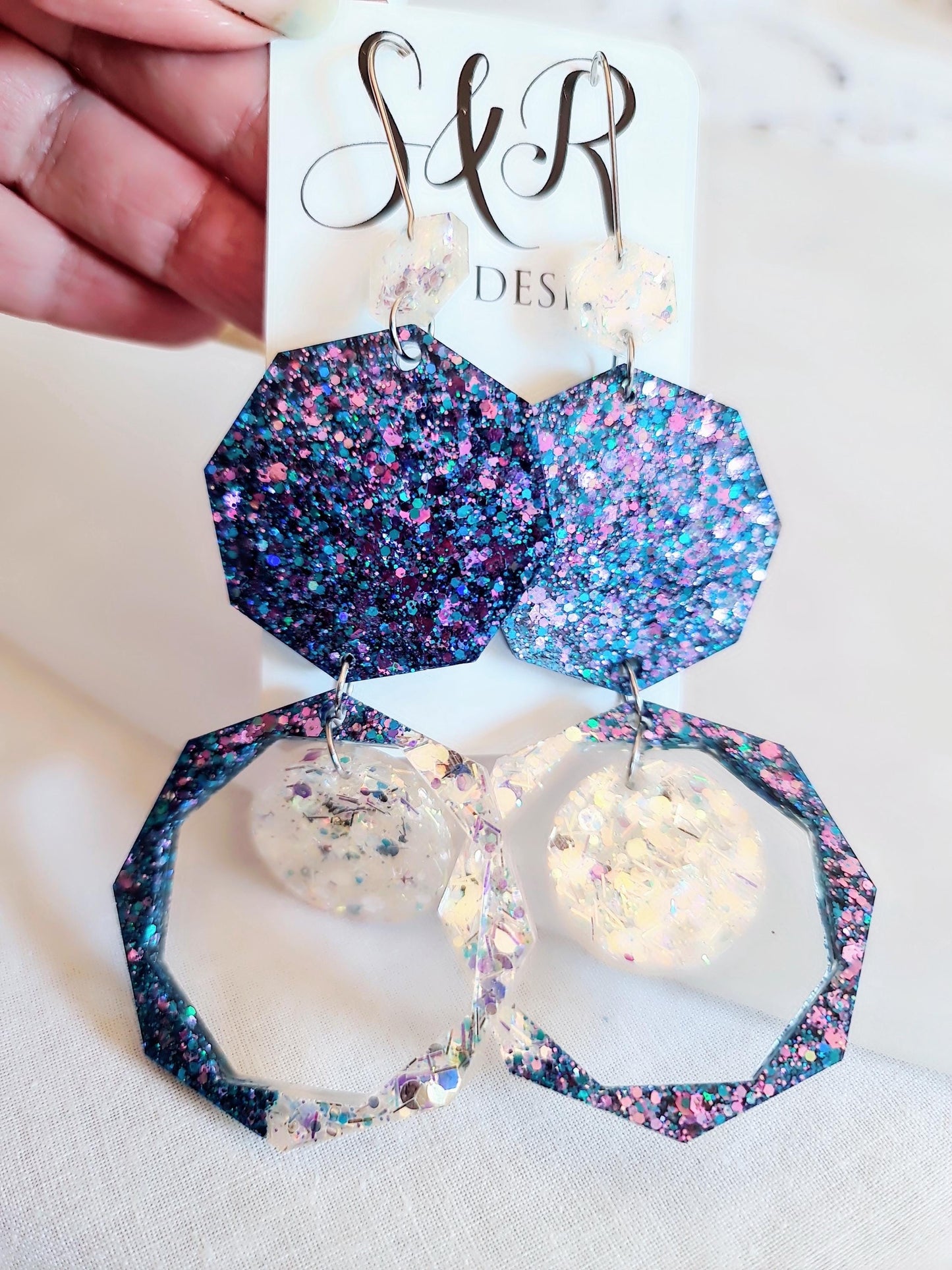 Purple Blue Resin Chunky Earrings, Hypoallergenic Stainless Steel Hooks, Glitter Geometric Statement, Bold Oversized Lightweight Jewellery