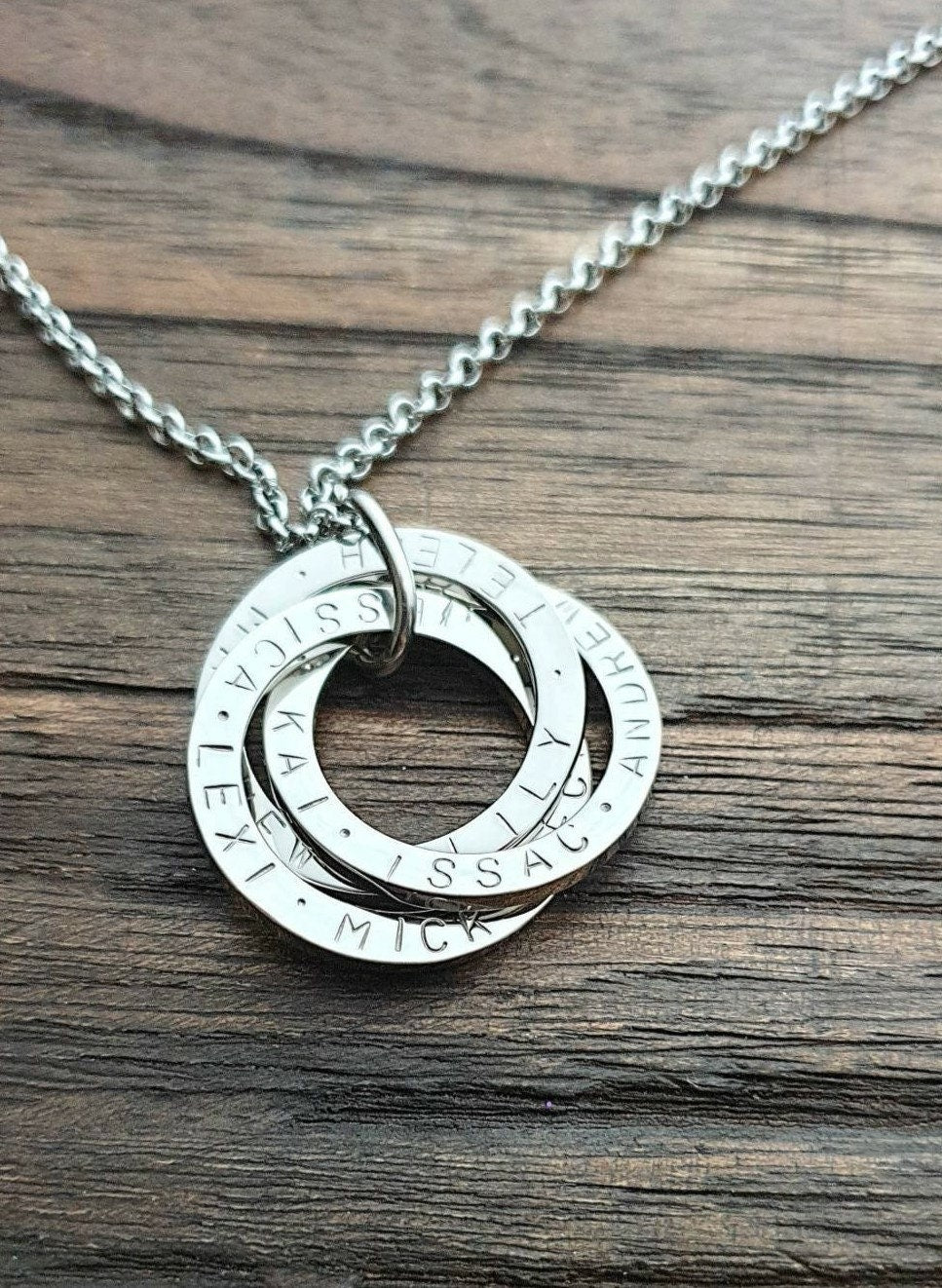 Personalised Circle Connecting Rings Necklace, Tripple Links, Childrens names Personalized Hand Stamped Gift, 25mm Rings, 18CT Gold