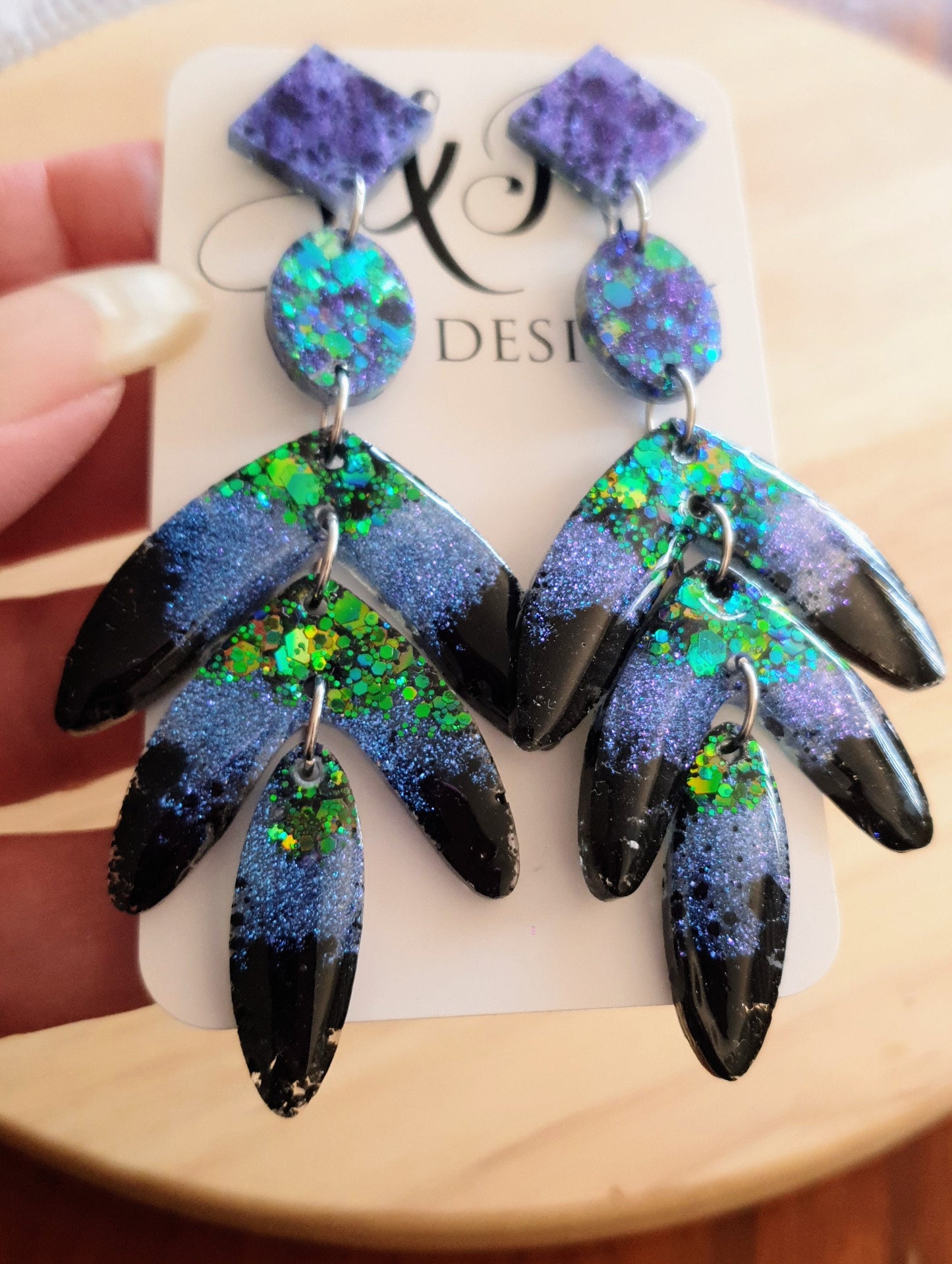 Oversized Leaves Dangle Drop Earrings, Purple Blue Green Black Glitter Resin Chandelier Dangles, Statement Chunky Earrings, Stainless Steel