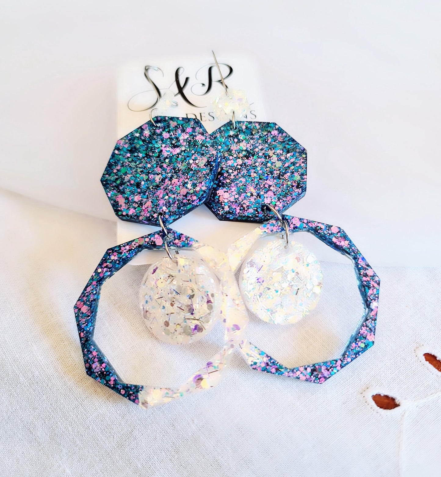 Purple Blue Resin Chunky Earrings, Hypoallergenic Stainless Steel Hooks, Glitter Geometric Statement, Bold Oversized Lightweight Jewellery