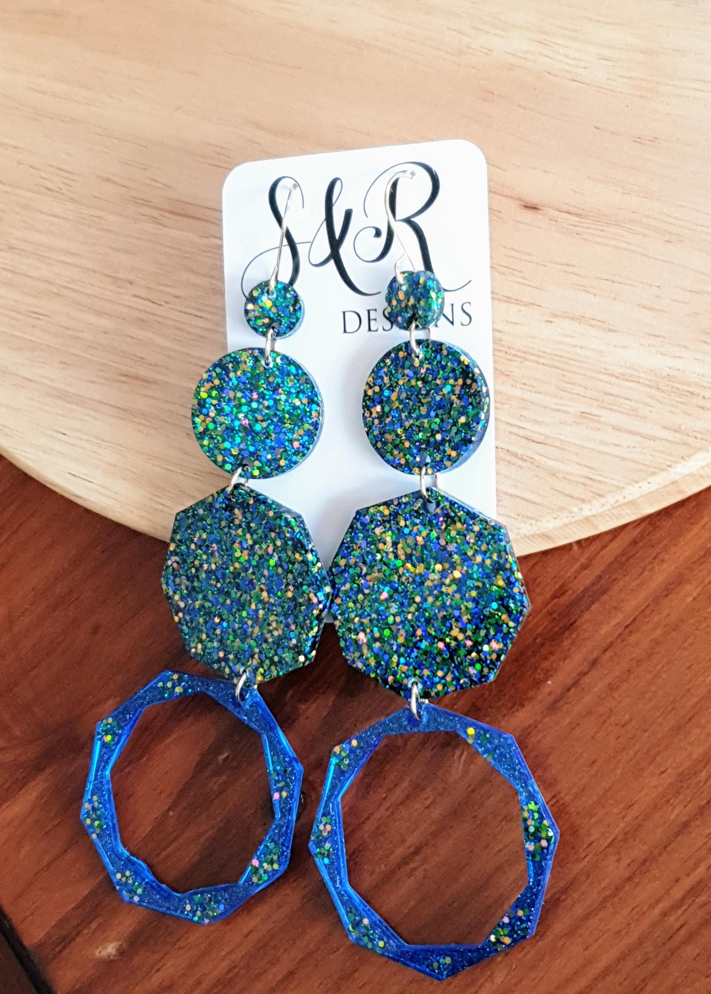 Luxury Long Resin Earrings, Hypoallergenic Stainless Steel Hooks, Glitter Geometric Statement Earrings, Bold Oversized Lightweight Jewellery