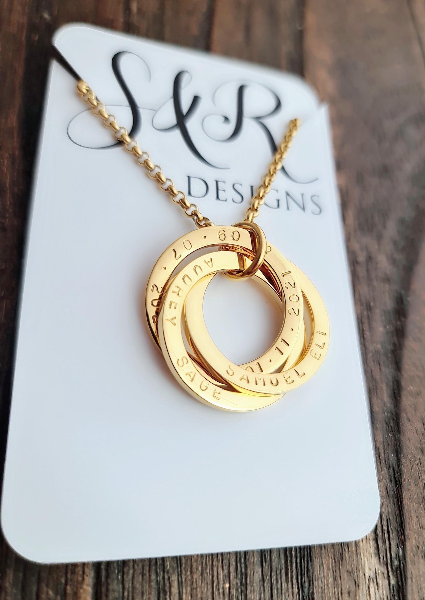 Personalised Circle Connecting Rings Necklace, Tripple Links, Childrens names Personalized Hand Stamped Gift, 25mm Rings, 18CT Gold