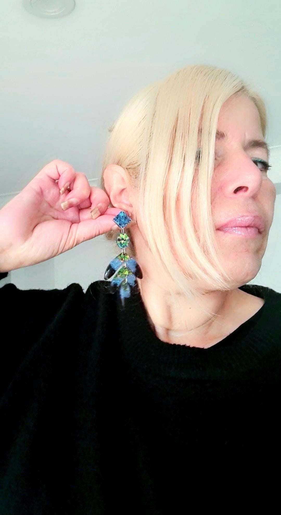 Oversized Leaves Dangle Drop Earrings, Purple Blue Green Black Glitter Resin Chandelier Dangles, Statement Chunky Earrings, Stainless Steel