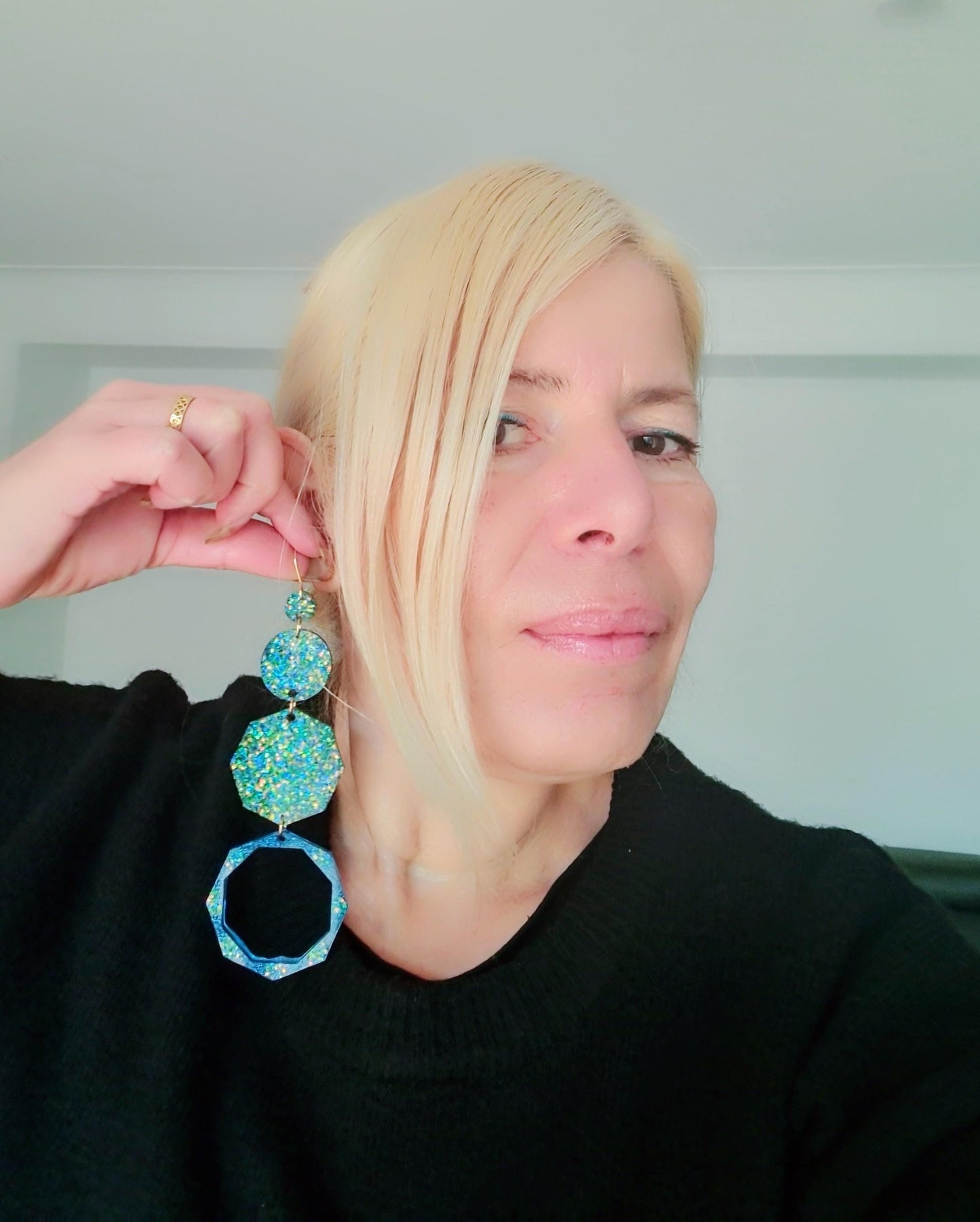 Luxury Long Resin Earrings, Hypoallergenic Stainless Steel Hooks, Glitter Geometric Statement Earrings, Bold Oversized Lightweight Jewellery