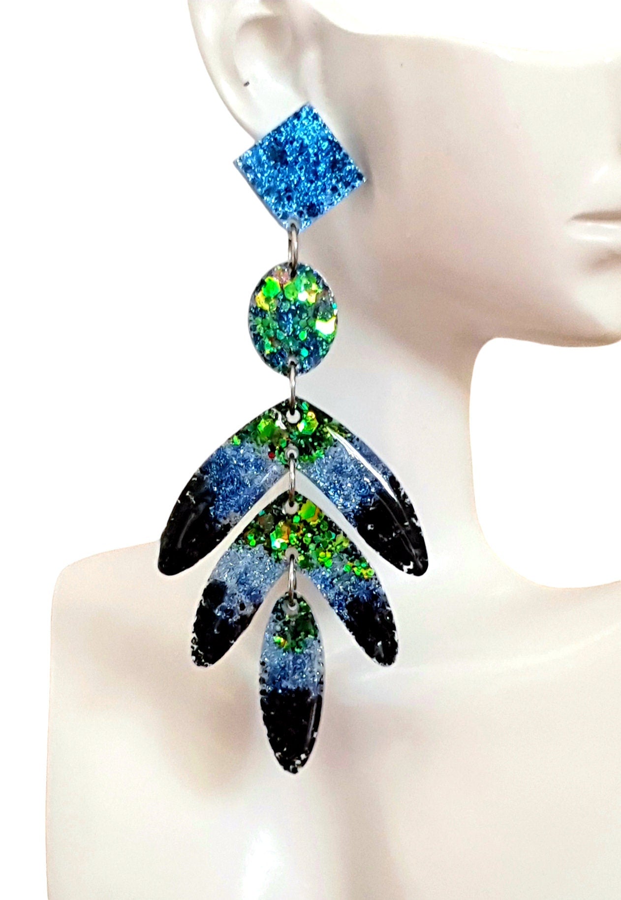 Oversized Leaves Dangle Drop Earrings, Purple Blue Green Black Glitter Resin Chandelier Dangles, Statement Chunky Earrings, Stainless Steel