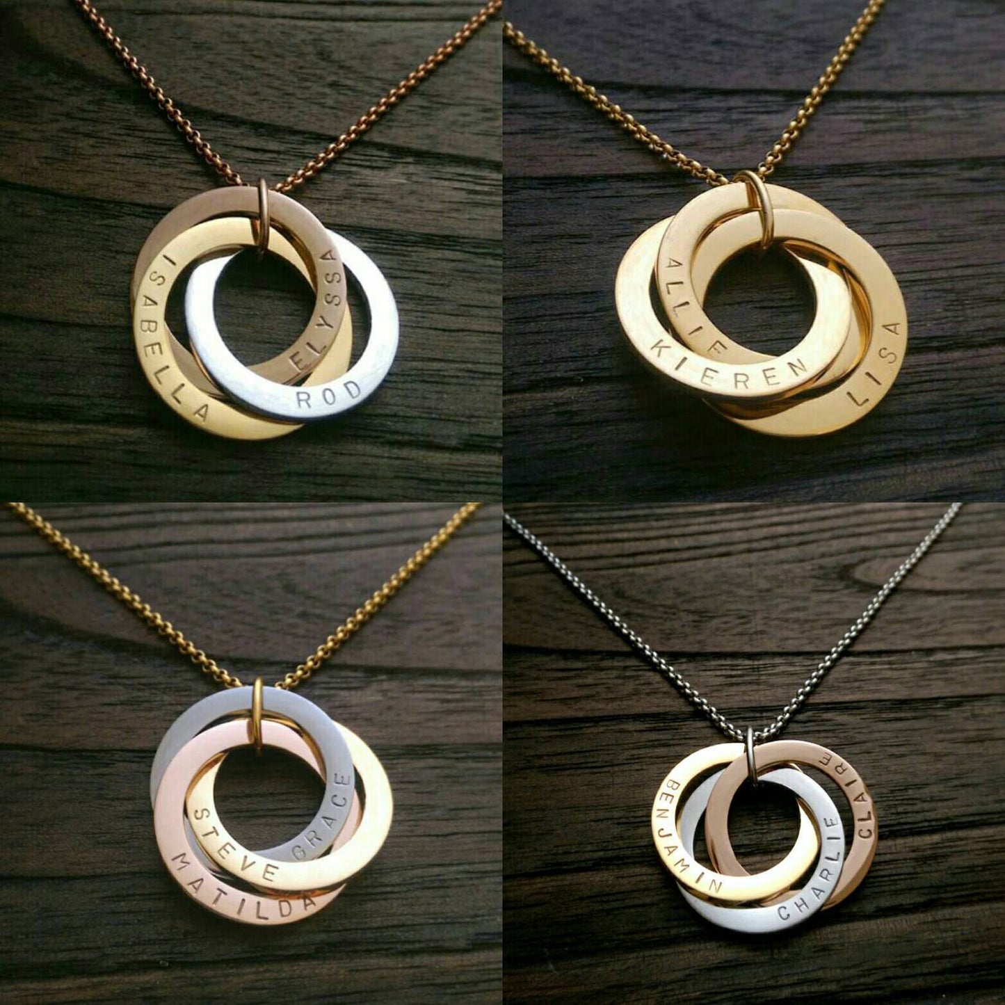 Personalised Circle Connecting Rings Necklace, Tripple Links, Childrens names Personalized Hand Stamped Gift, 25mm Rings, 18CT Gold