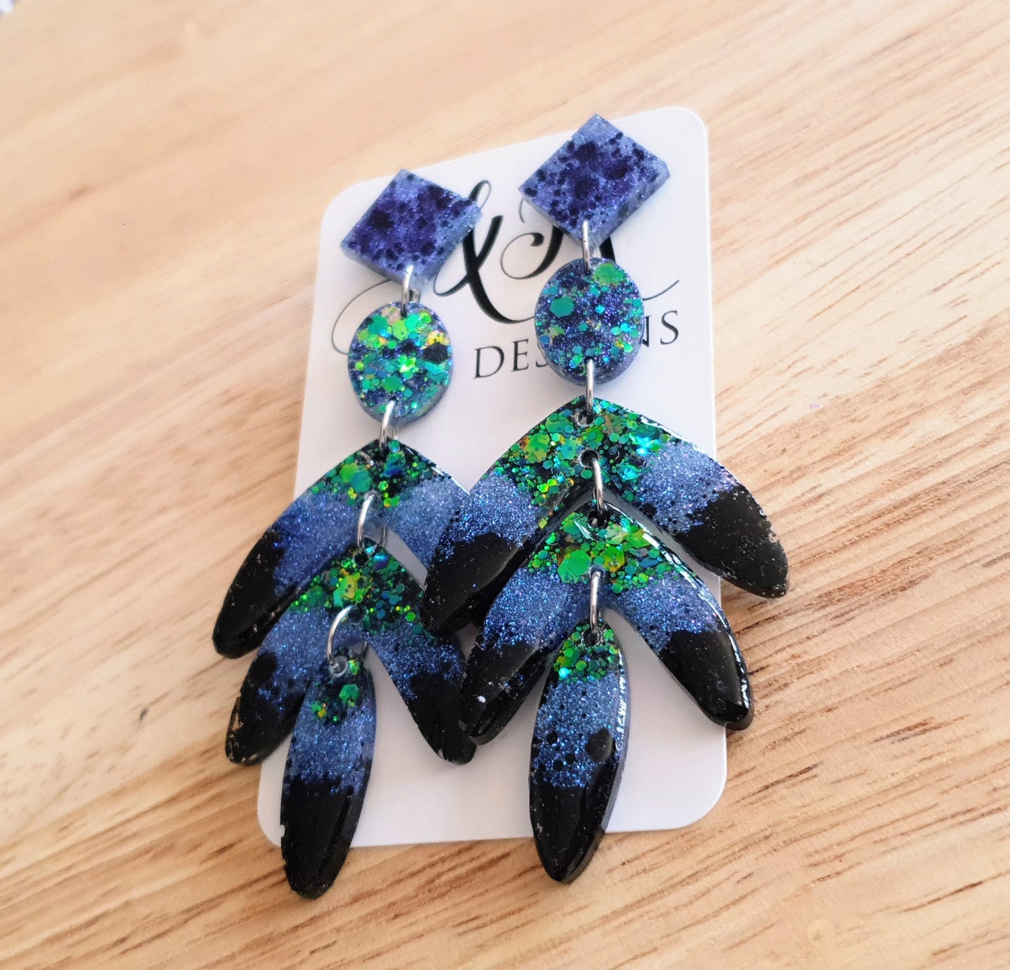 Oversized Leaves Dangle Drop Earrings, Purple Blue Green Black Glitter Resin Chandelier Dangles, Statement Chunky Earrings, Stainless Steel