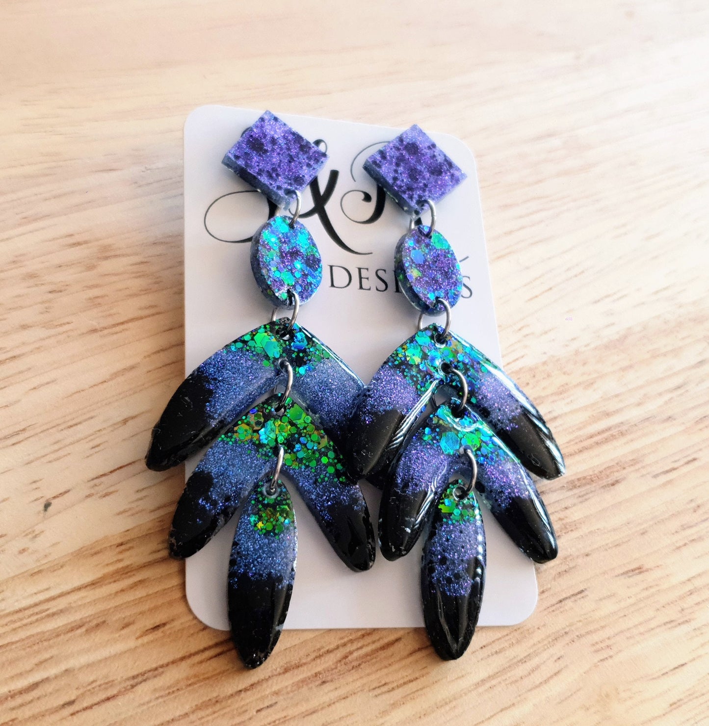 Oversized Leaves Dangle Drop Earrings, Purple Blue Green Black Glitter Resin Chandelier Dangles, Statement Chunky Earrings, Stainless Steel