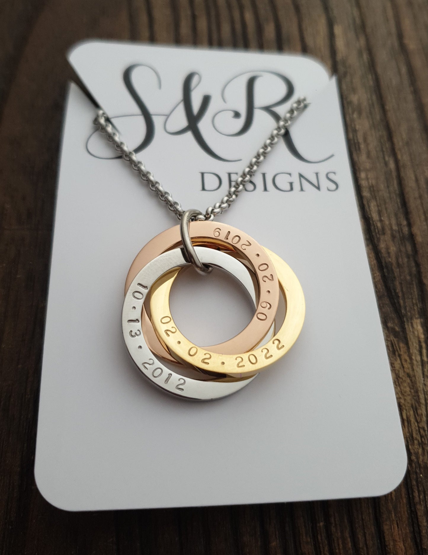 Personalised Circle Connecting Rings Necklace, Tripple Links, Childrens names Personalized Hand Stamped Gift, 25mm Rings, 18CT Gold