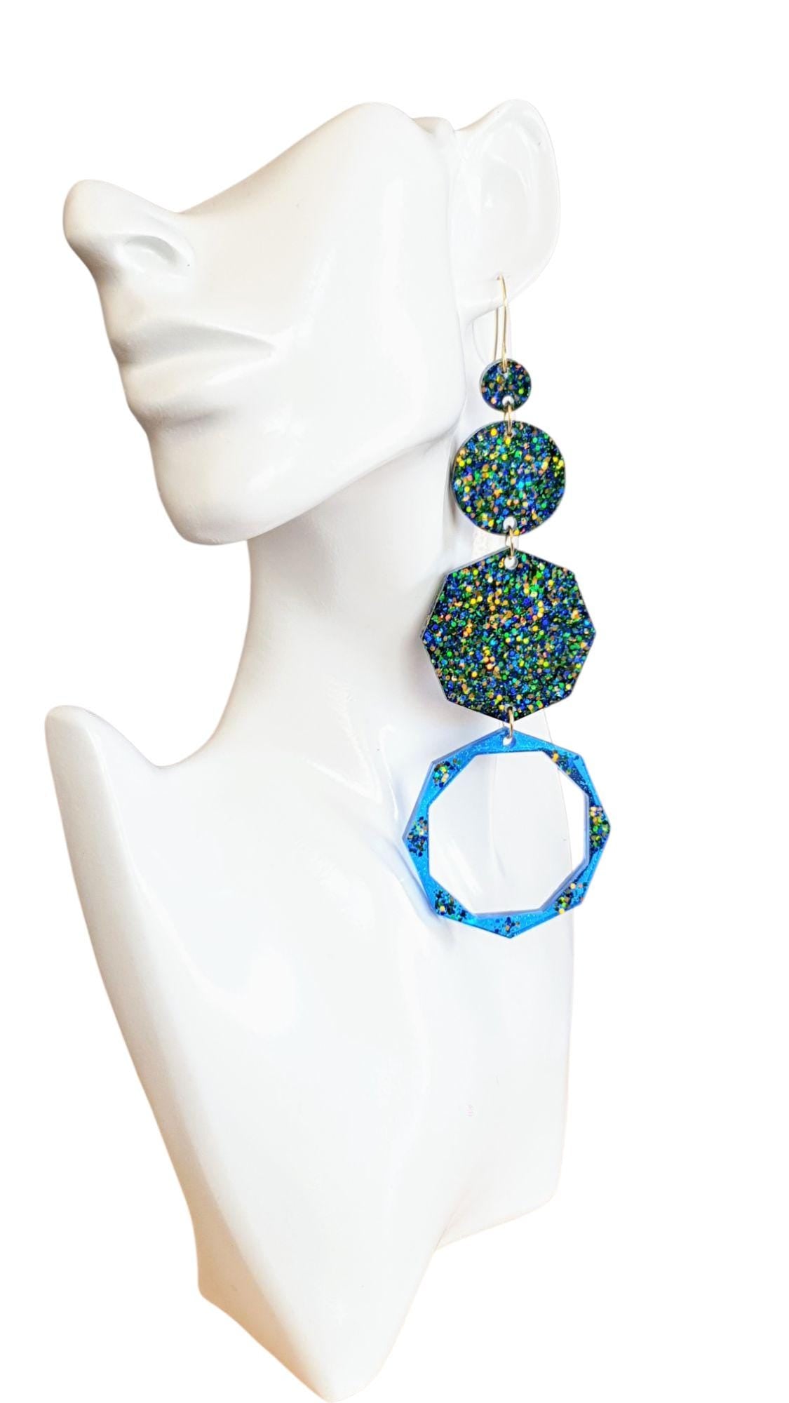 Luxury Long Resin Earrings, Hypoallergenic Stainless Steel Hooks, Glitter Geometric Statement Earrings, Bold Oversized Lightweight Jewellery