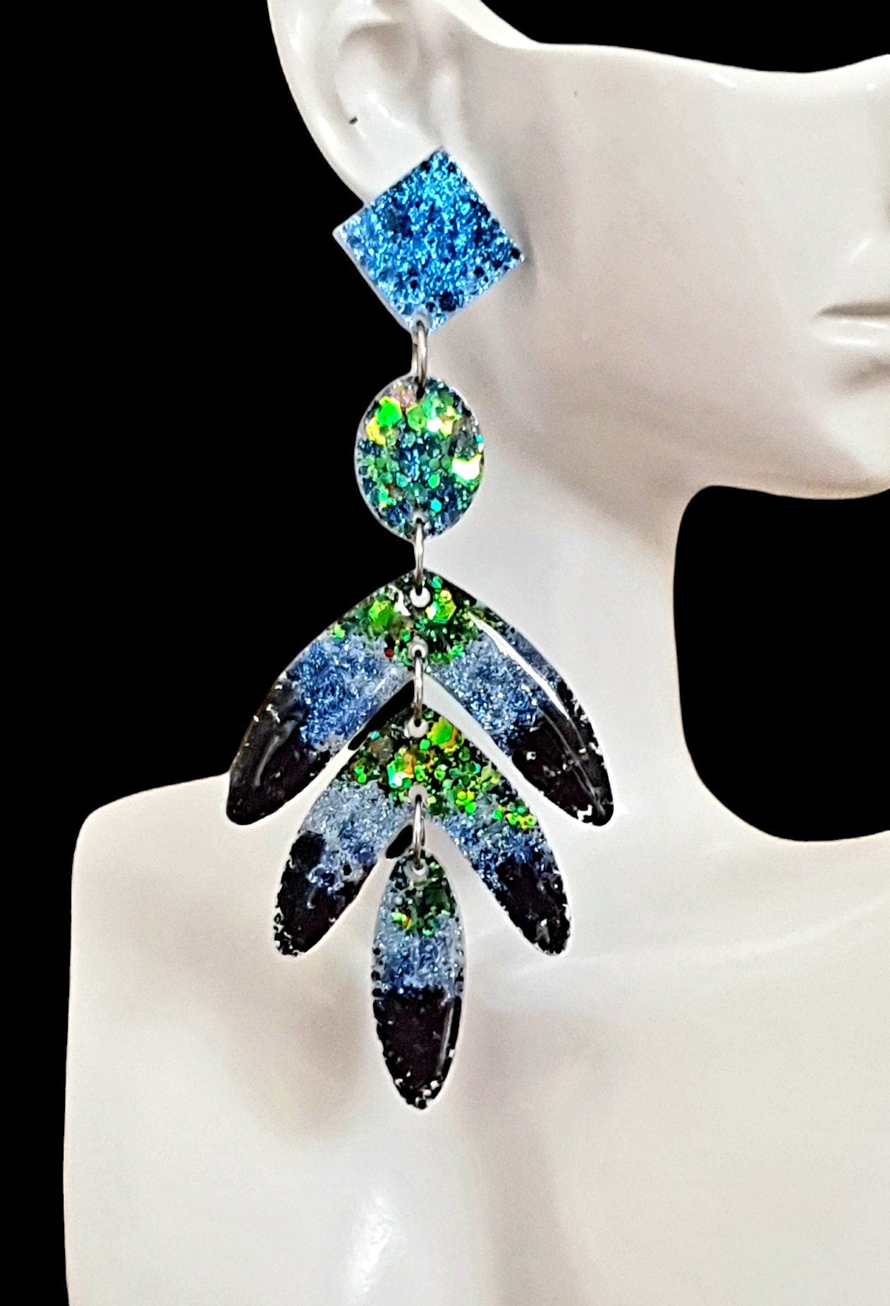 Oversized Leaves Dangle Drop Earrings, Purple Blue Green Black Glitter Resin Chandelier Dangles, Statement Chunky Earrings, Stainless Steel