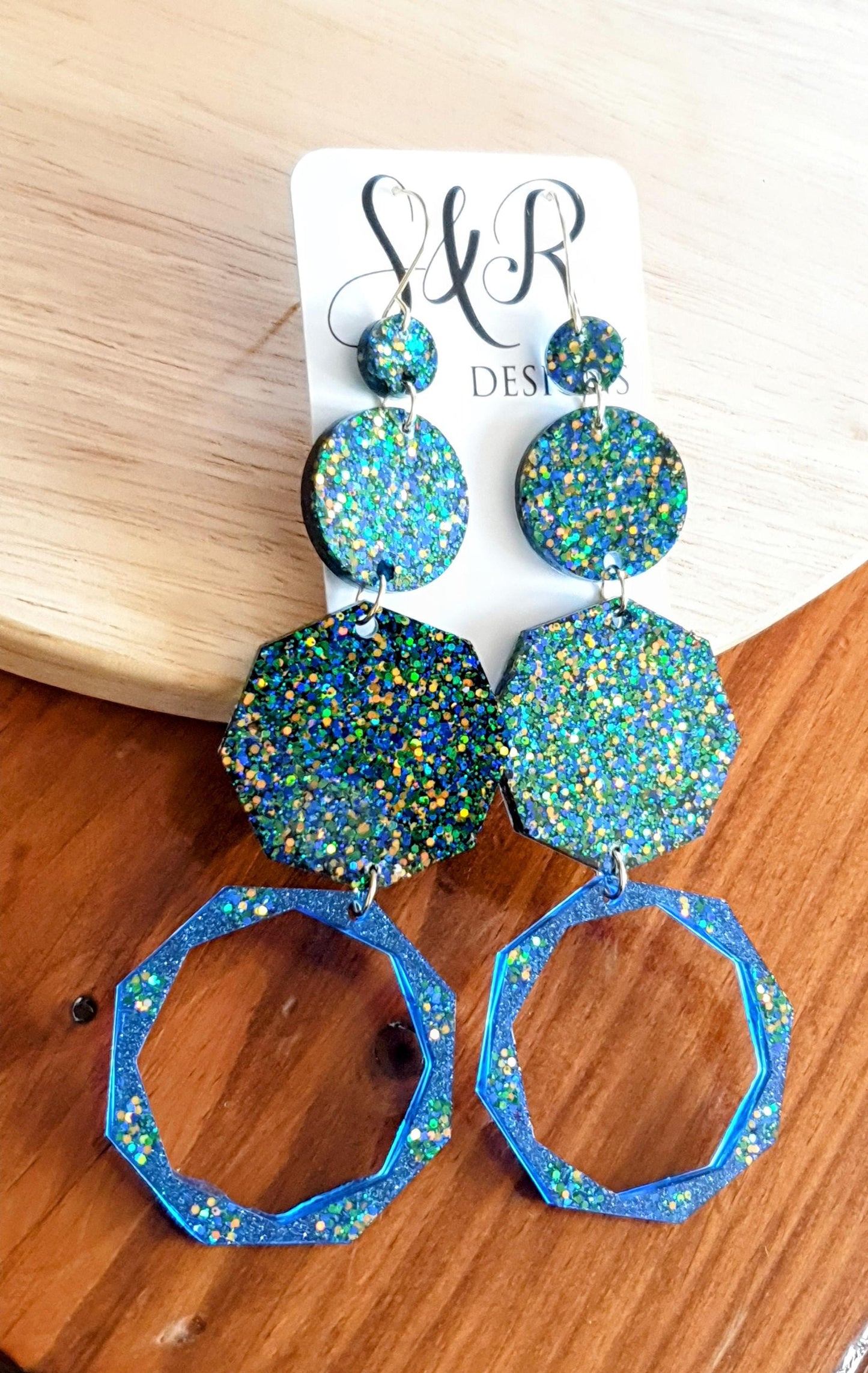 Luxury Long Resin Earrings, Hypoallergenic Stainless Steel Hooks, Glitter Geometric Statement Earrings, Bold Oversized Lightweight Jewellery