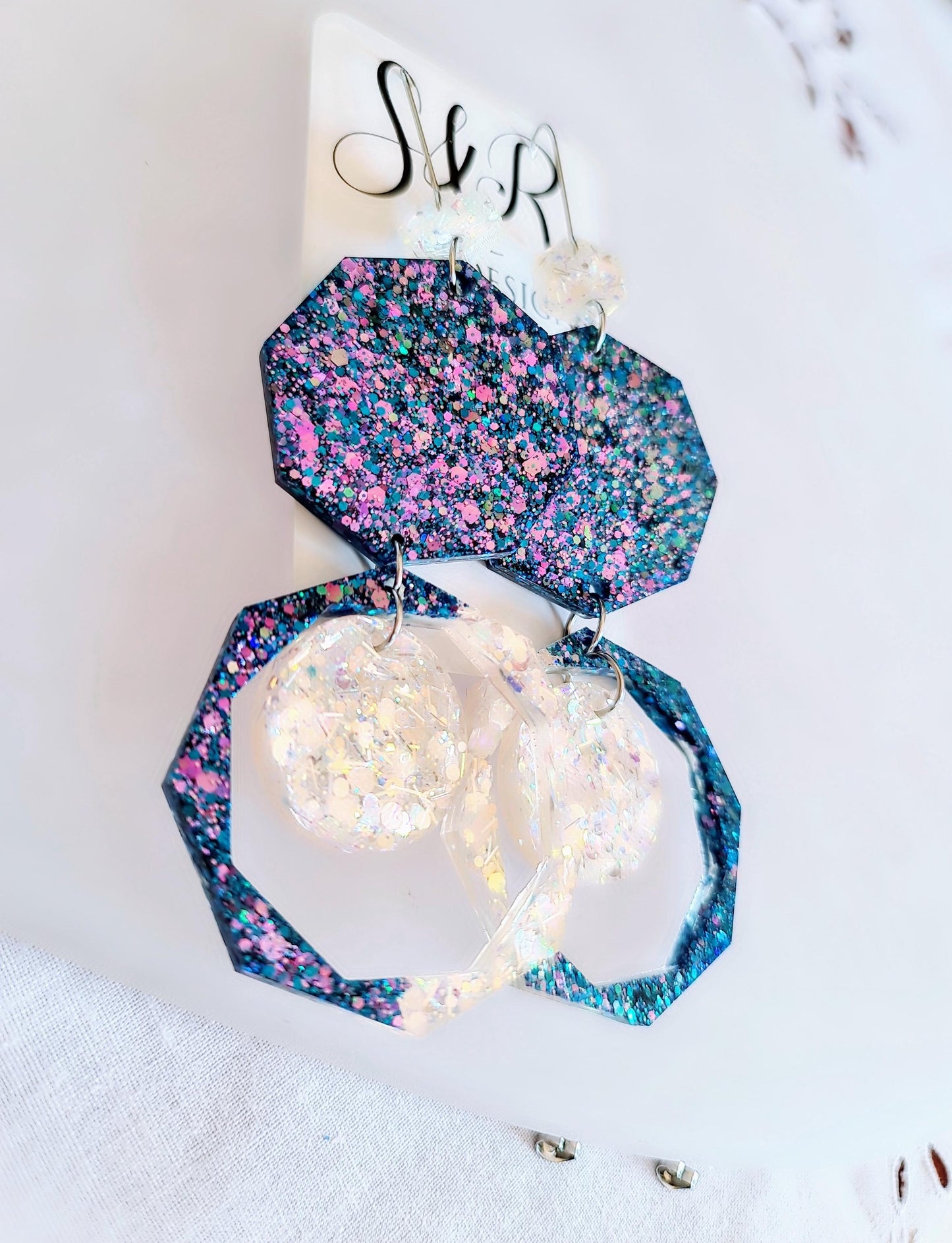 Purple Blue Resin Chunky Earrings, Hypoallergenic Stainless Steel Hooks, Glitter Geometric Statement, Bold Oversized Lightweight Jewellery