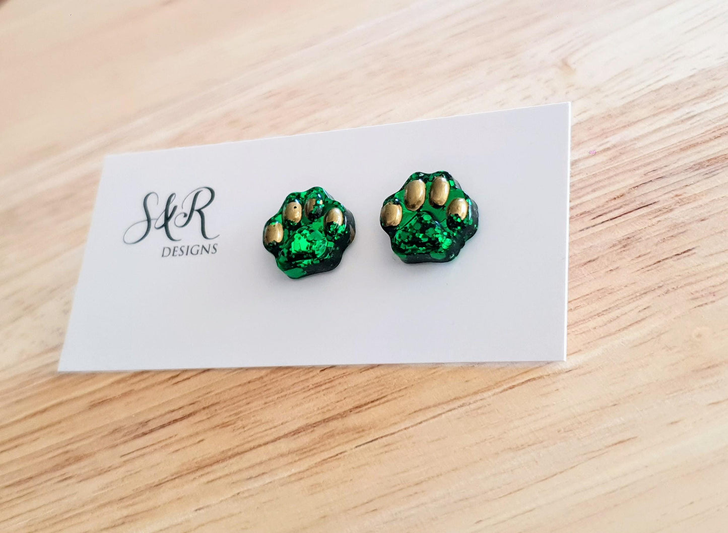 Paw Stud Earring, Emerald Green Glitter Resin Studs, Stainless Steel. 15mm, Animal Lover Gift