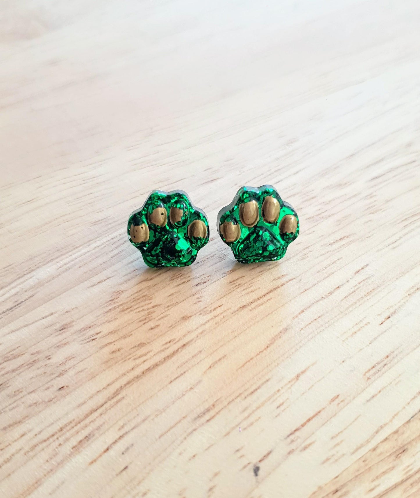 Paw Stud Earring, Emerald Green Glitter Resin Studs, Stainless Steel. 15mm, Animal Lover Gift