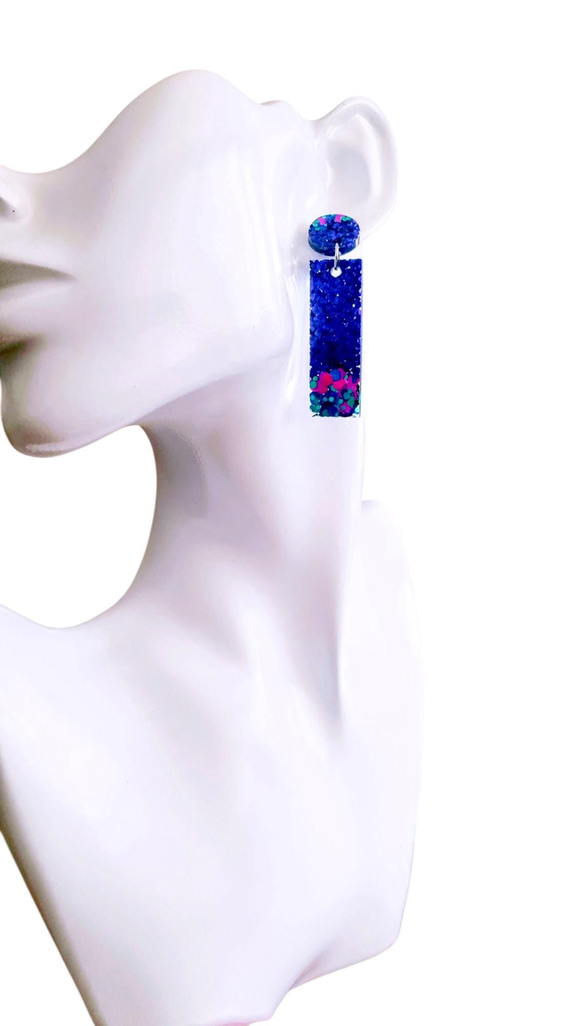 Rectangle Bar Earrings, Vibrant Purple, Aqua, Pink Multi Colour Resin Dangles, Statement Earrings