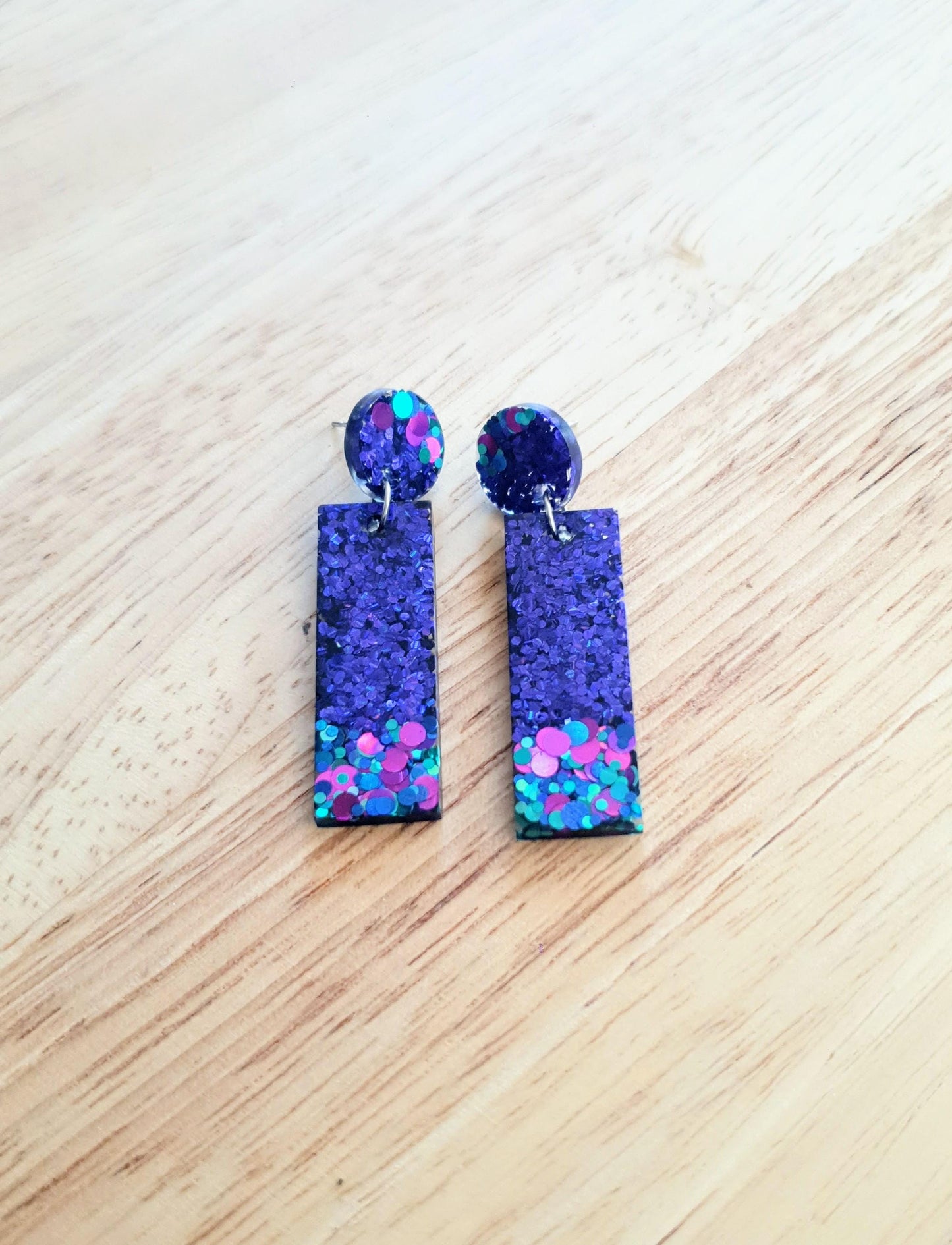 Rectangle Bar Earrings, Vibrant Purple, Aqua, Pink Multi Colour Resin Dangles, Statement Earrings
