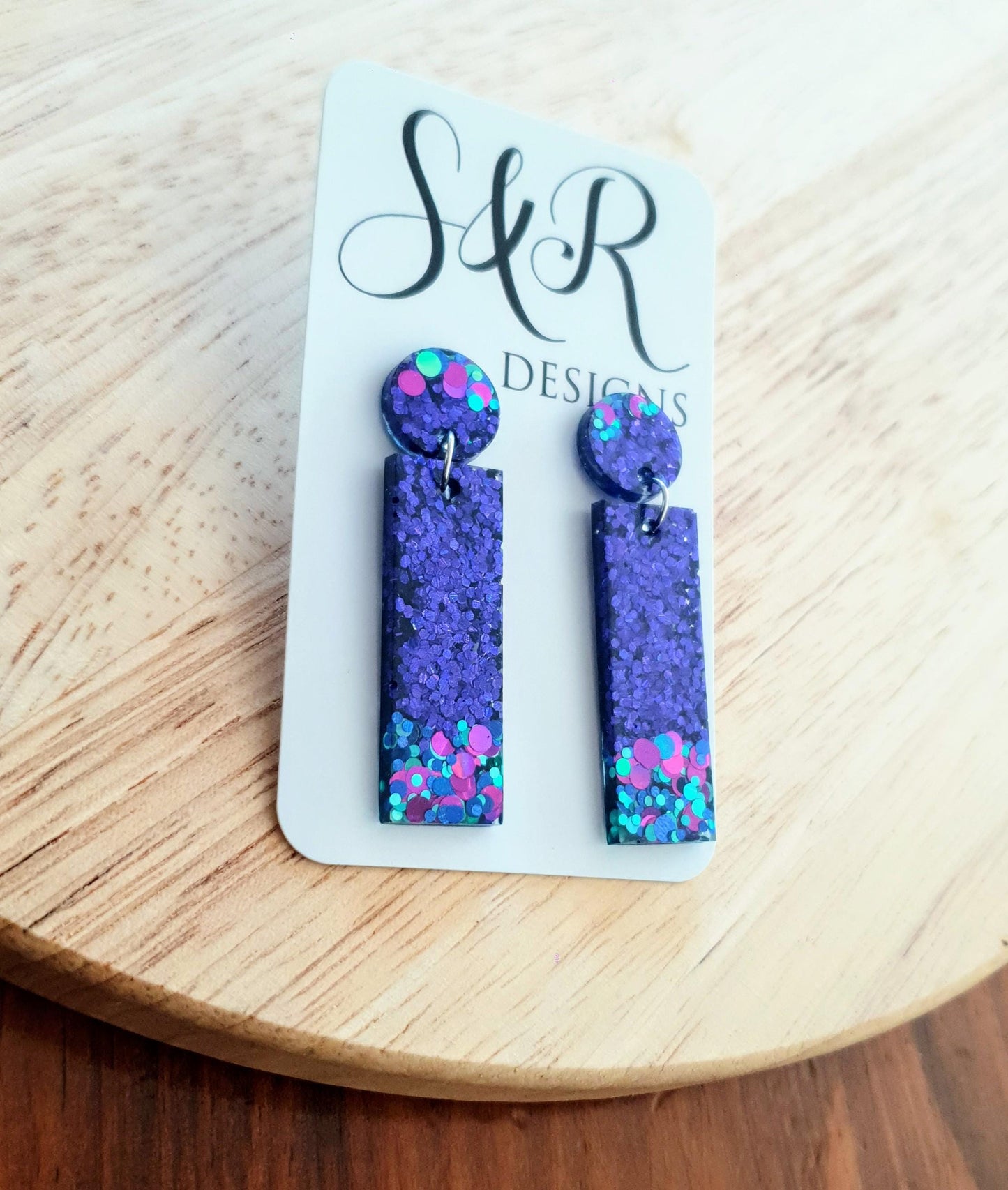 Rectangle Bar Earrings, Vibrant Purple, Aqua, Pink Multi Colour Resin Dangles, Statement Earrings