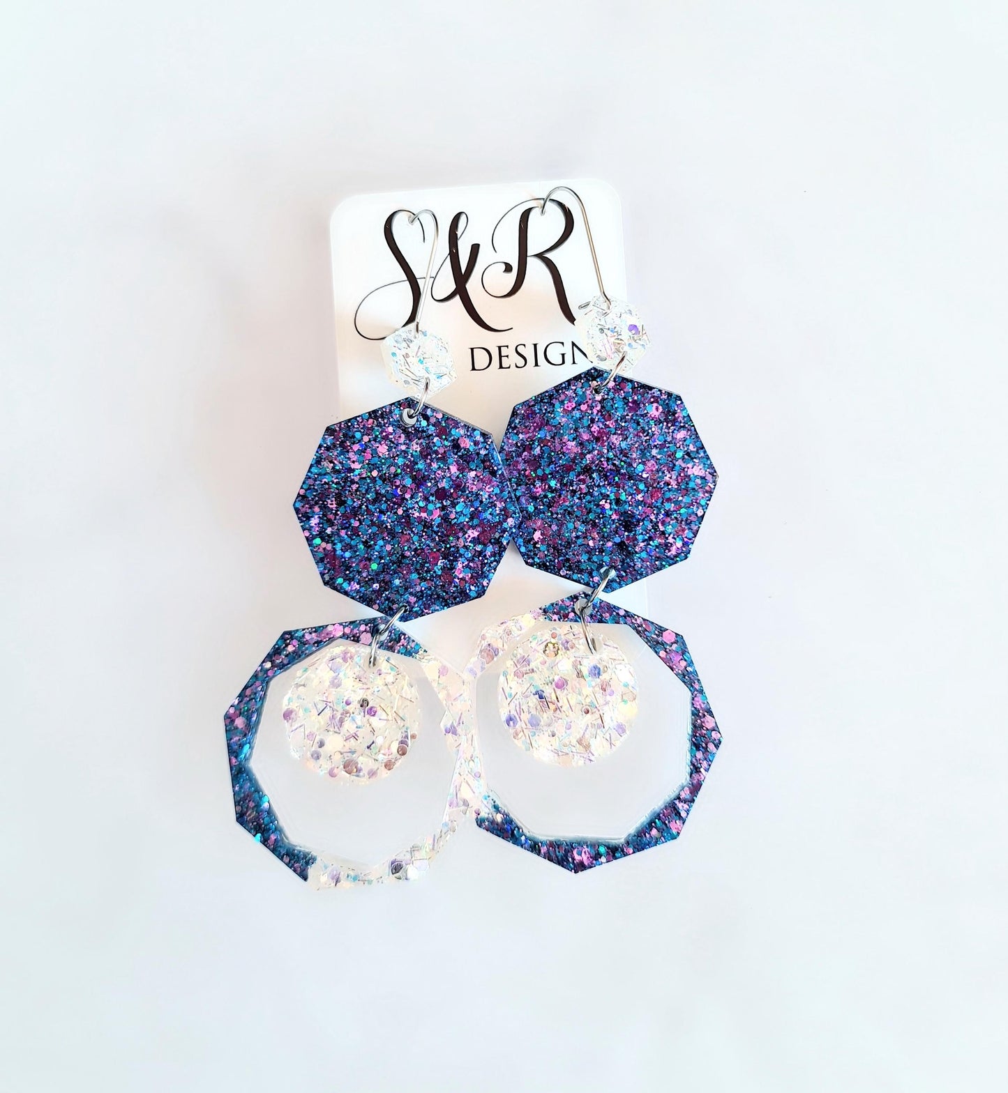 Purple Blue Resin Chunky Earrings, Hypoallergenic Stainless Steel Hooks, Glitter Geometric Statement, Bold Oversized Lightweight Jewellery