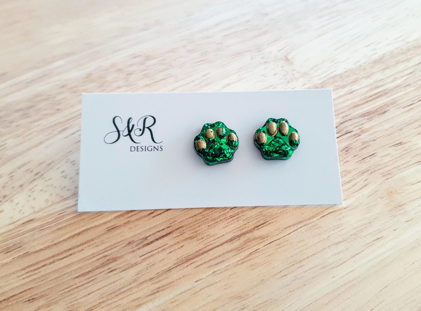 Paw Stud Earring, Emerald Green Glitter Resin Studs, Stainless Steel. 15mm, Animal Lover Gift
