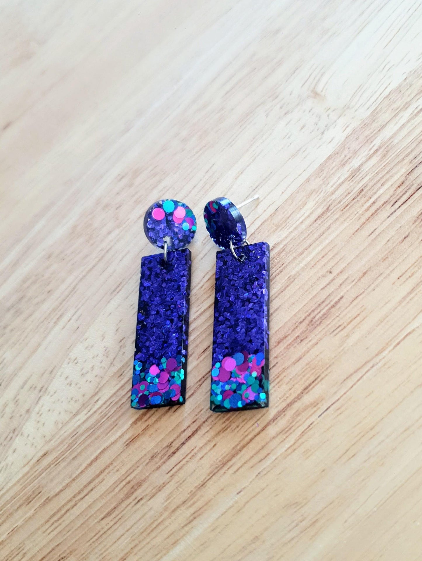 Rectangle Bar Earrings, Vibrant Purple, Aqua, Pink Multi Colour Resin Dangles, Statement Earrings