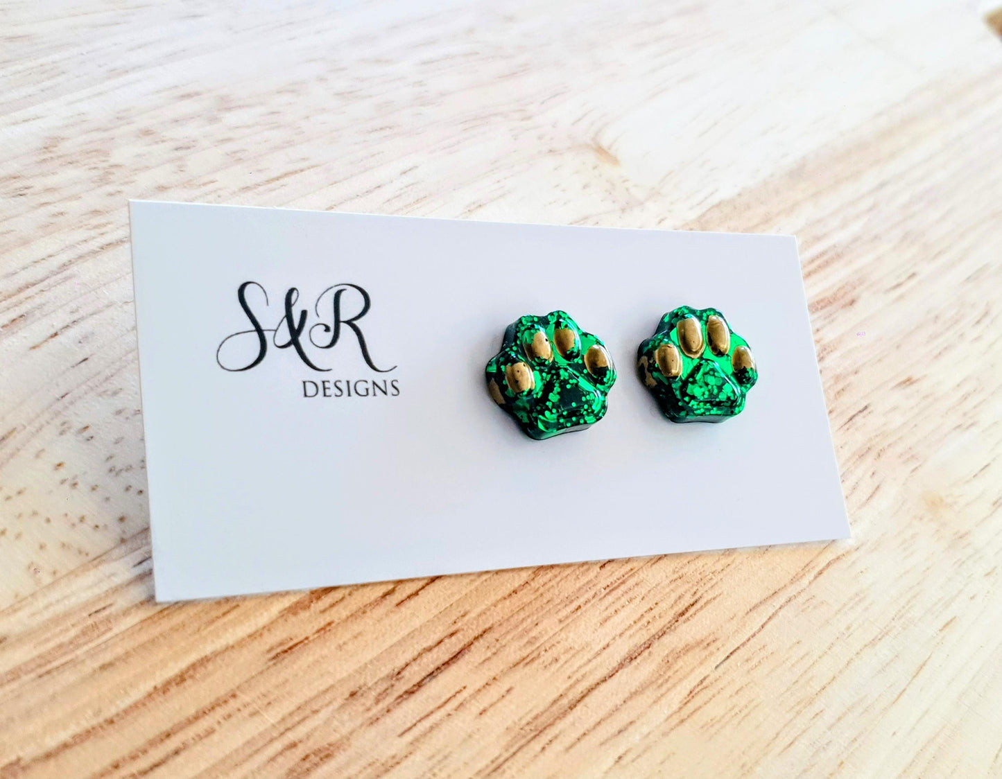 Paw Stud Earring, Emerald Green Glitter Resin Studs, Stainless Steel. 15mm, Animal Lover Gift