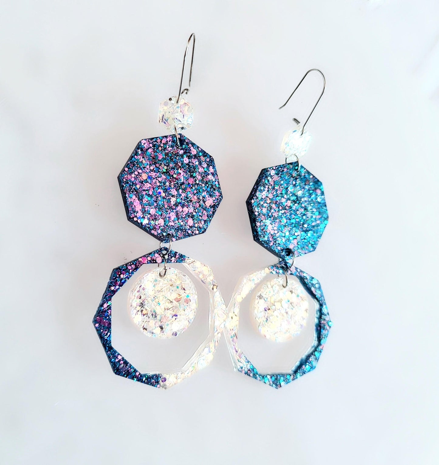 Purple Blue Resin Chunky Earrings, Hypoallergenic Stainless Steel Hooks, Glitter Geometric Statement, Bold Oversized Lightweight Jewellery