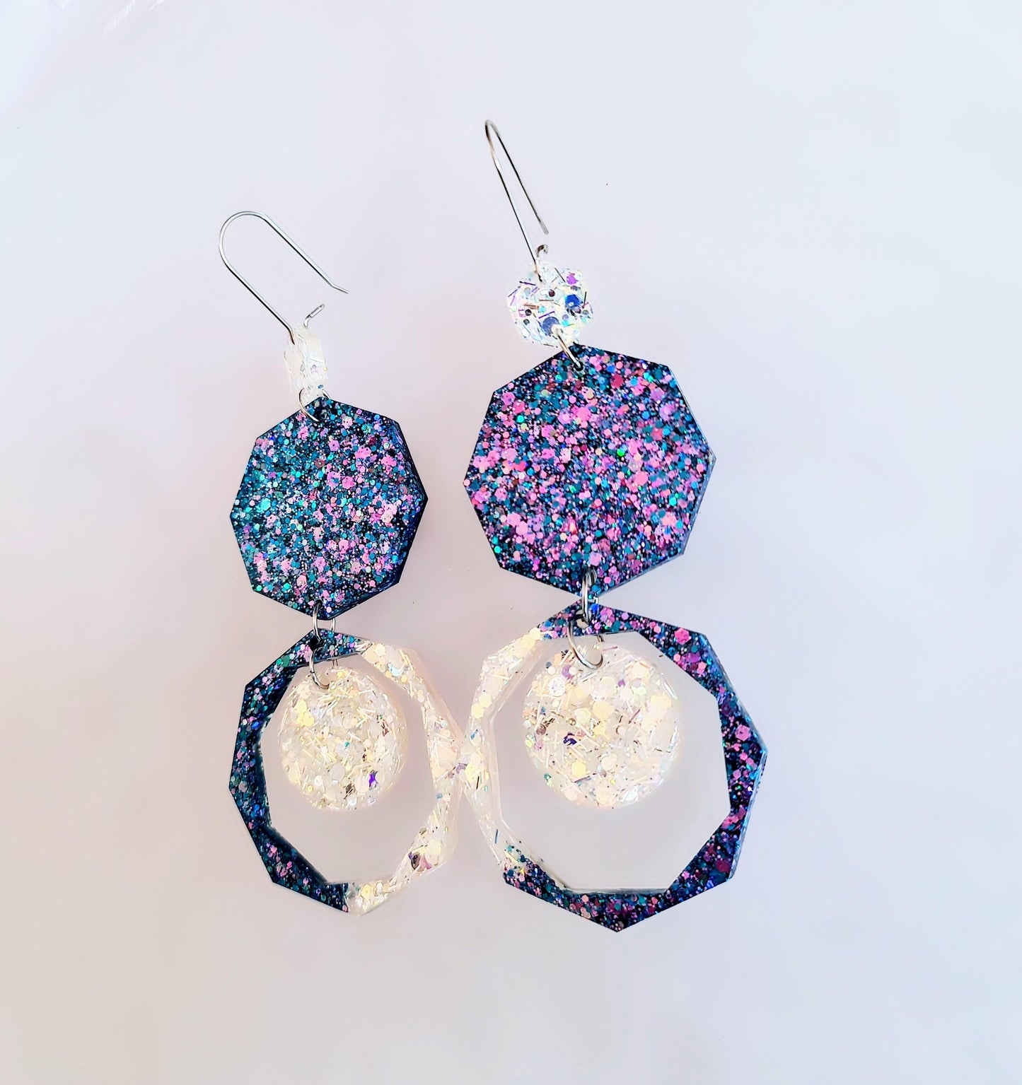 Purple Blue Resin Chunky Earrings, Hypoallergenic Stainless Steel Hooks, Glitter Geometric Statement, Bold Oversized Lightweight Jewellery