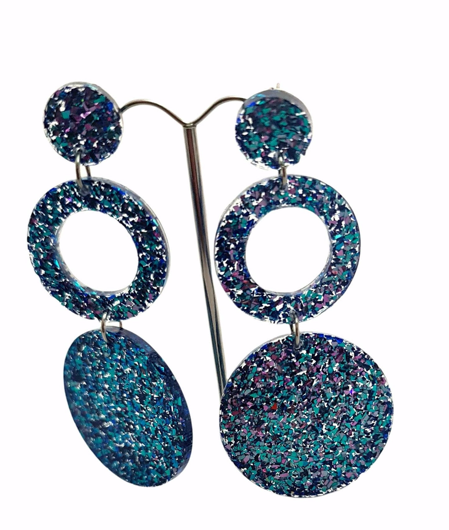 Chameleon Hoop Circle Earrings, Holographic Pink, Blue Glitter Dangle, Statement Earrings, Changes colours on movement.