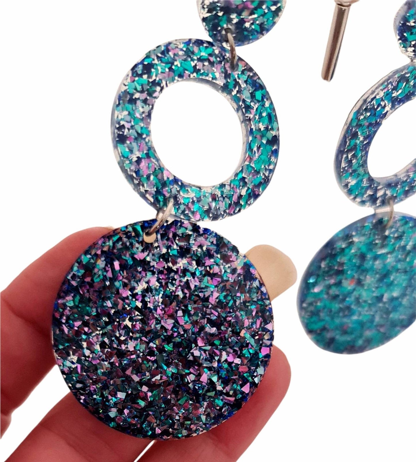 Chameleon Hoop Circle Earrings, Holographic Pink, Blue Glitter Dangle, Statement Earrings, Changes colours on movement.