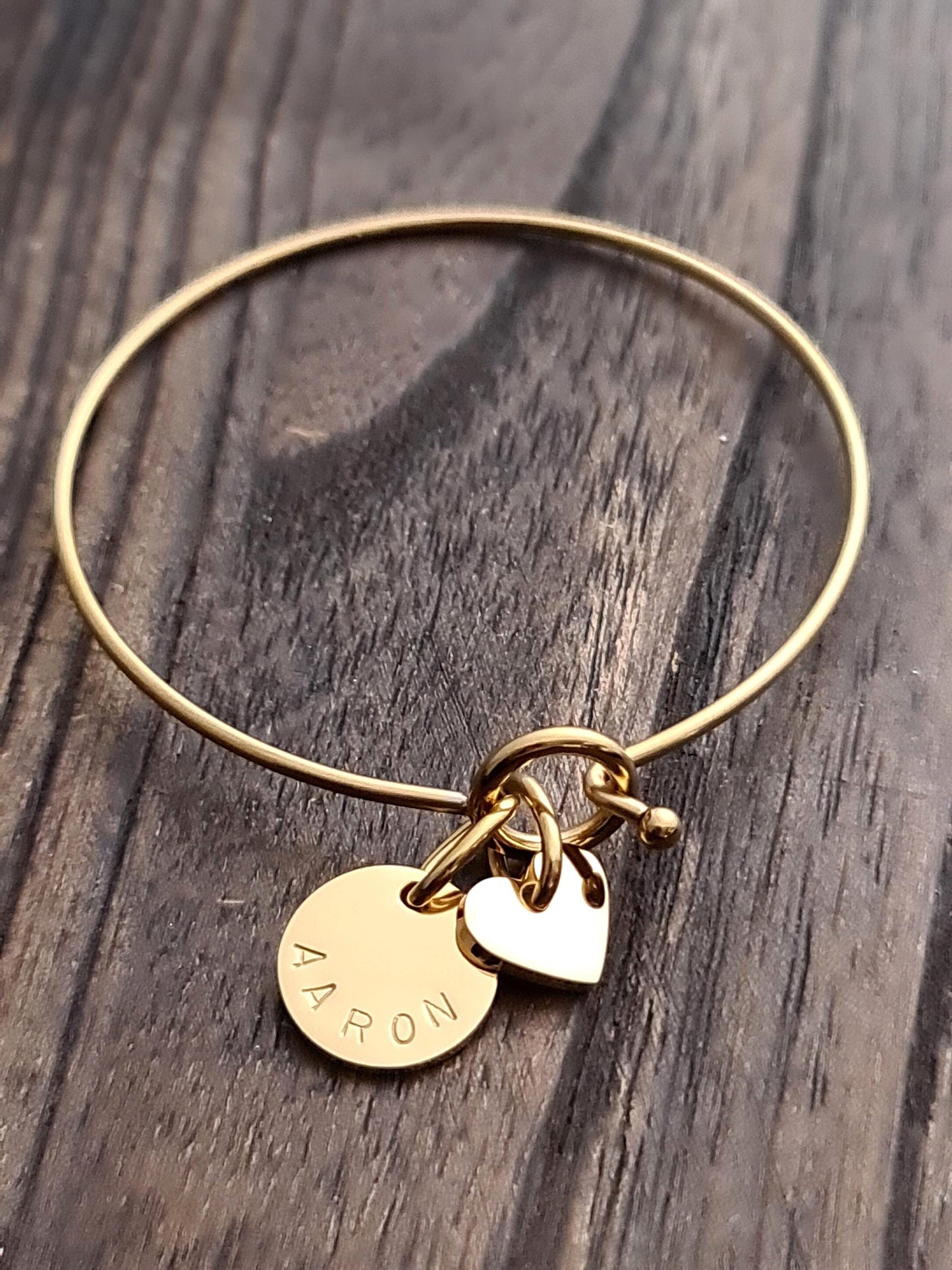 Personalised Hand Stamped Bangle with or without Heart Charm, Personalised Disc, Choose how many Disc Charms you want, Personalized Gift