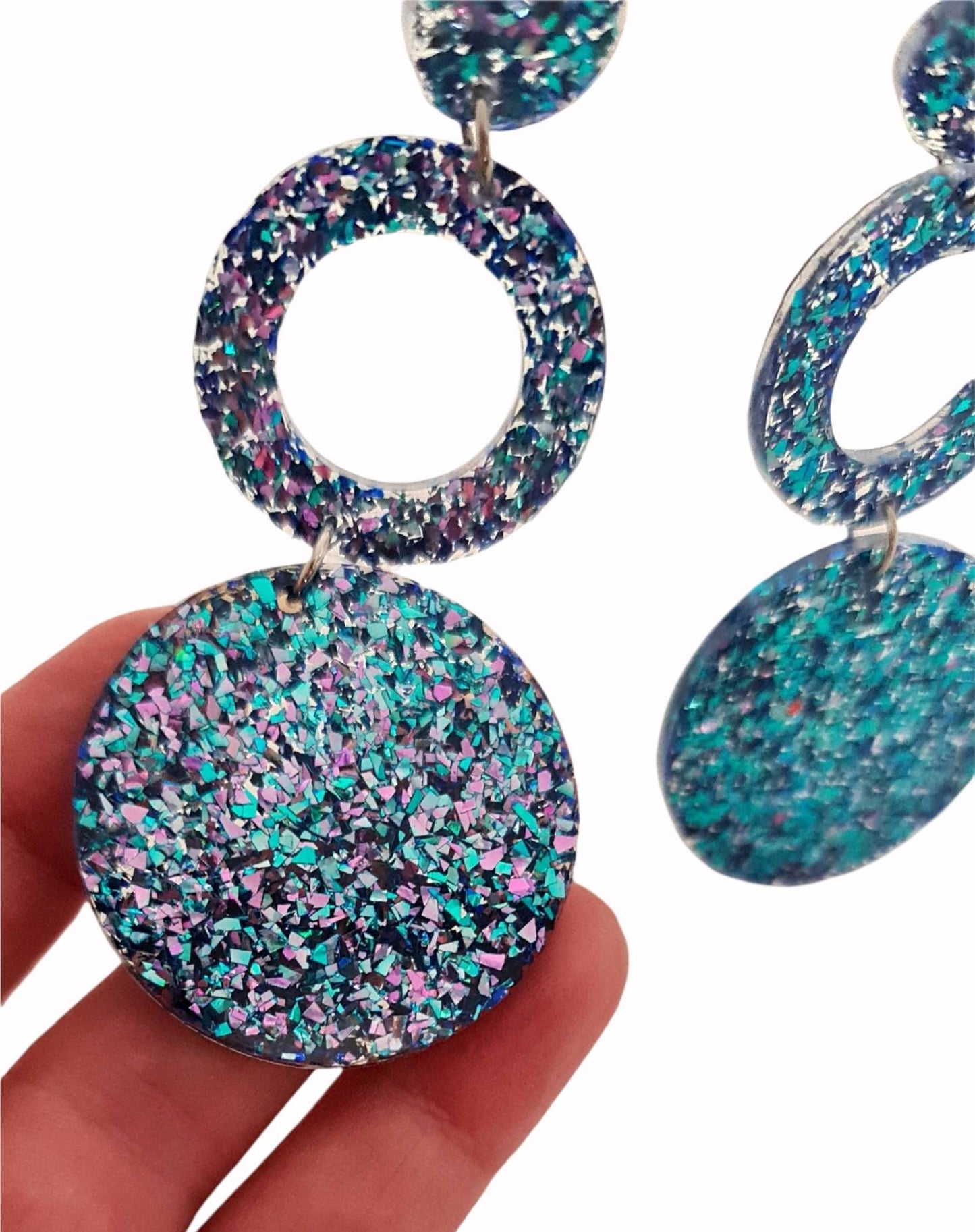 Chameleon Hoop Circle Earrings, Holographic Pink, Blue Glitter Dangle, Statement Earrings, Changes colours on movement.