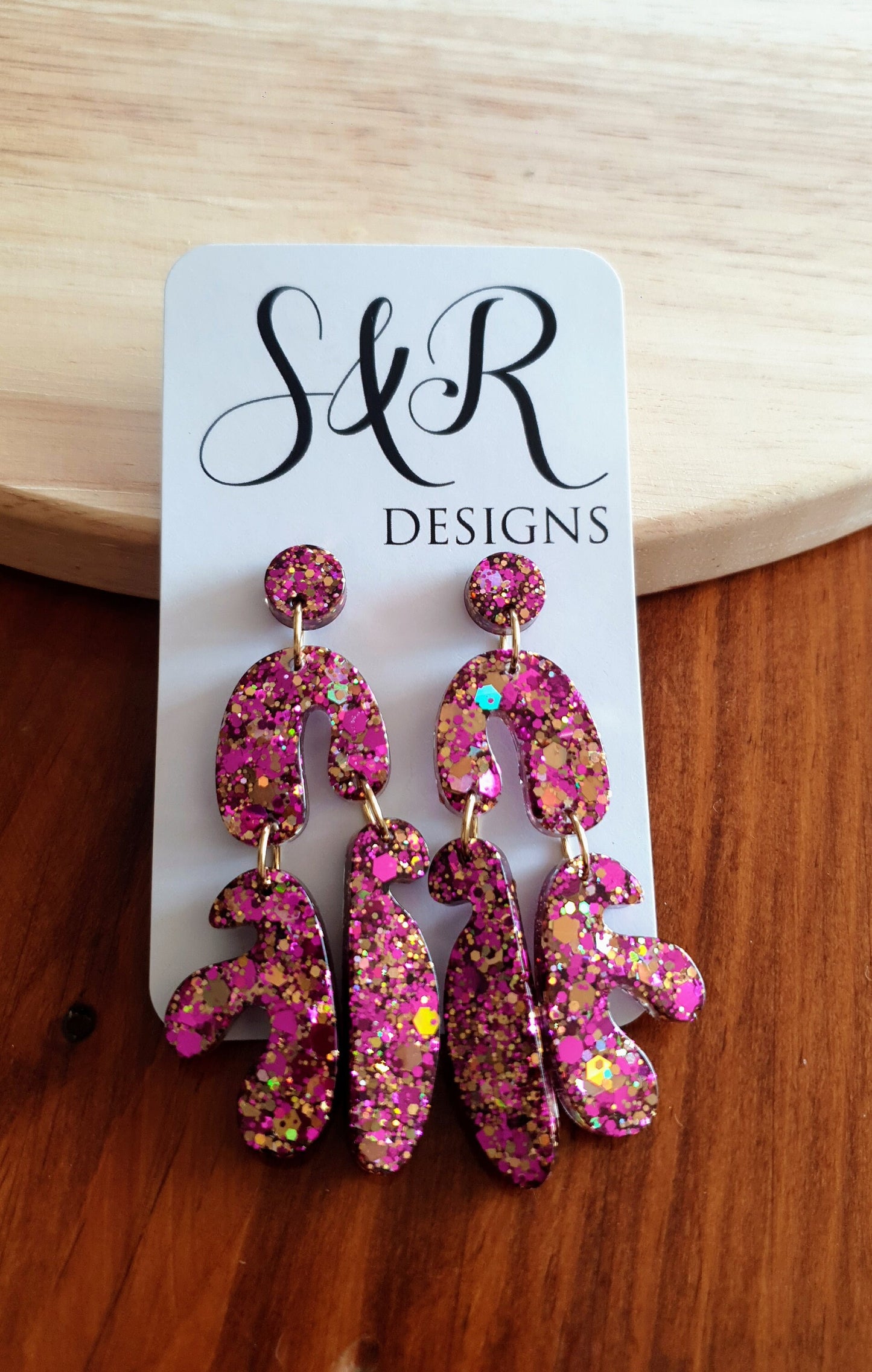 Unique Tutti Fruitti Shape Dangle Drop Earrings, Pink Gold Mix Glitter, Statement Handmade Resin Earrings