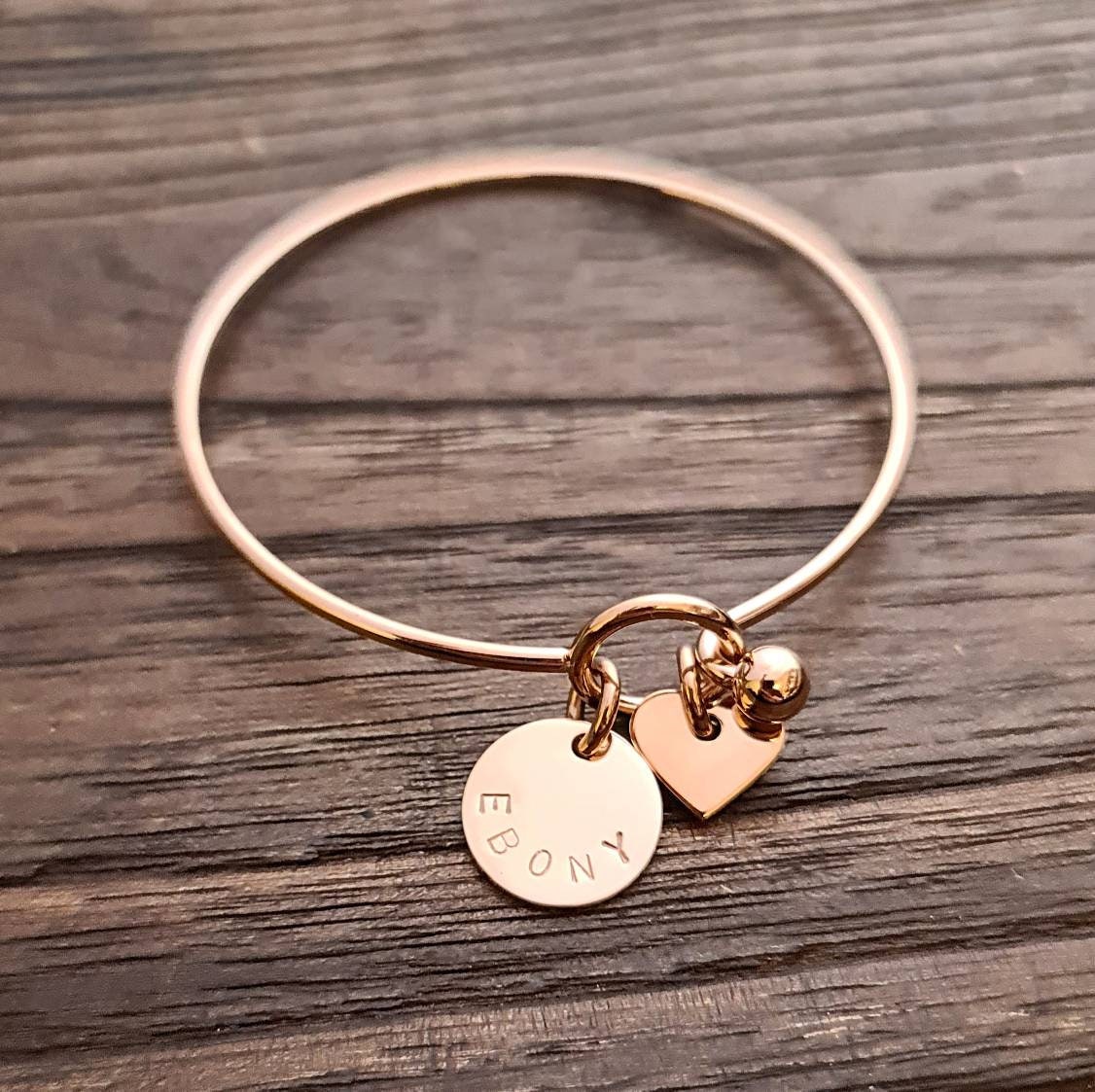 Personalised Hand Stamped Bangle with or without Heart Charm, Personalised Disc, Choose how many Disc Charms you want, Personalized Gift