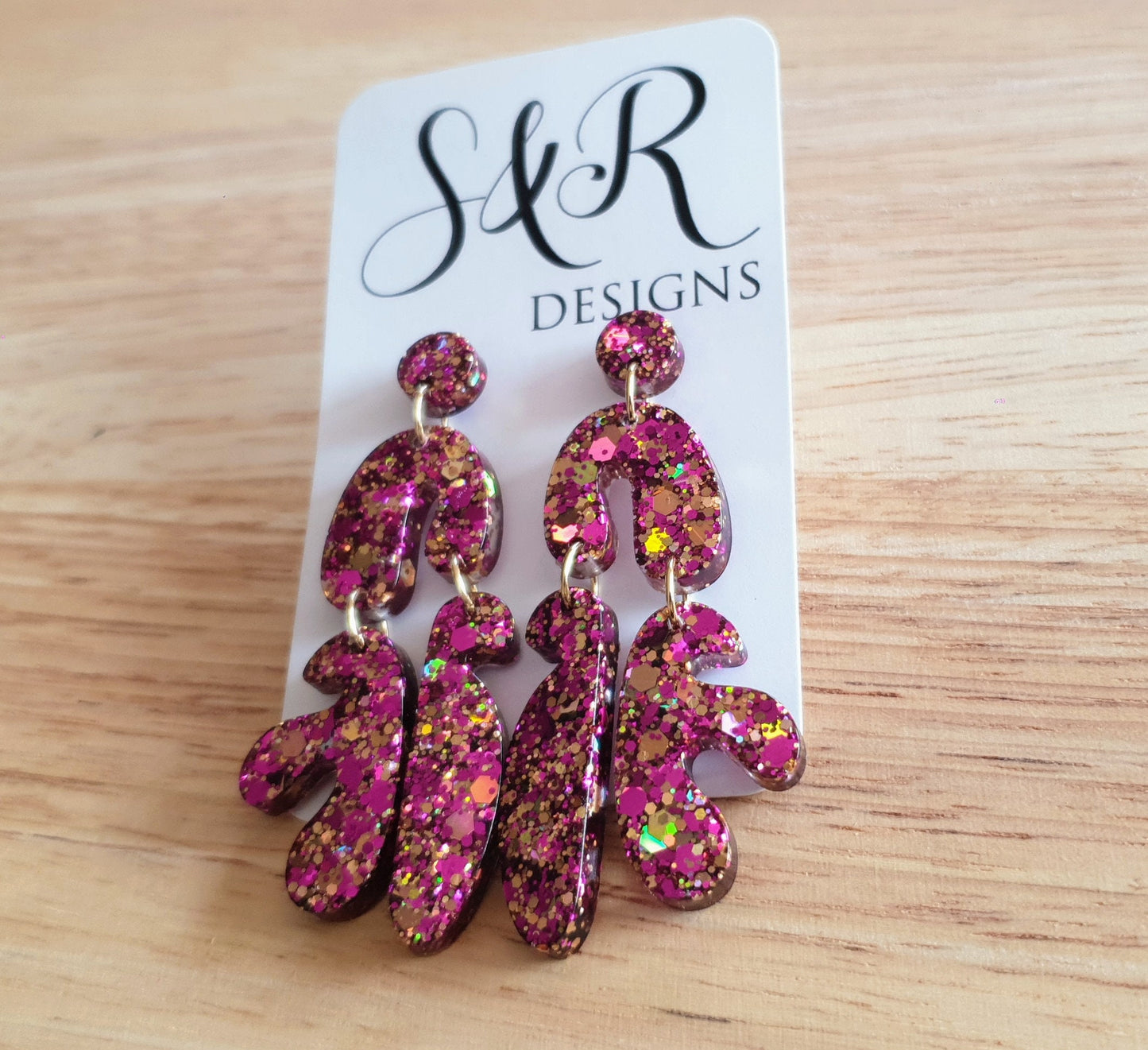 Unique Tutti Fruitti Shape Dangle Drop Earrings, Pink Gold Mix Glitter, Statement Handmade Resin Earrings