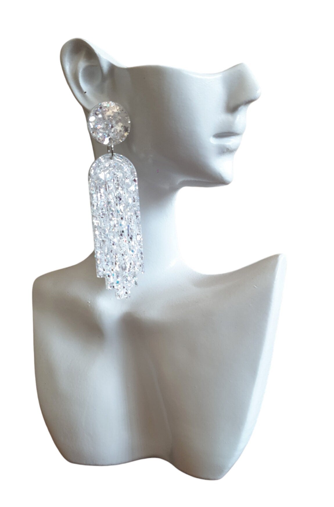 White Mirror Long Rectangle Dangle Drop Earrings, Statement Handmade Resin Gift, Maximalist Stainless Steel Dangles.