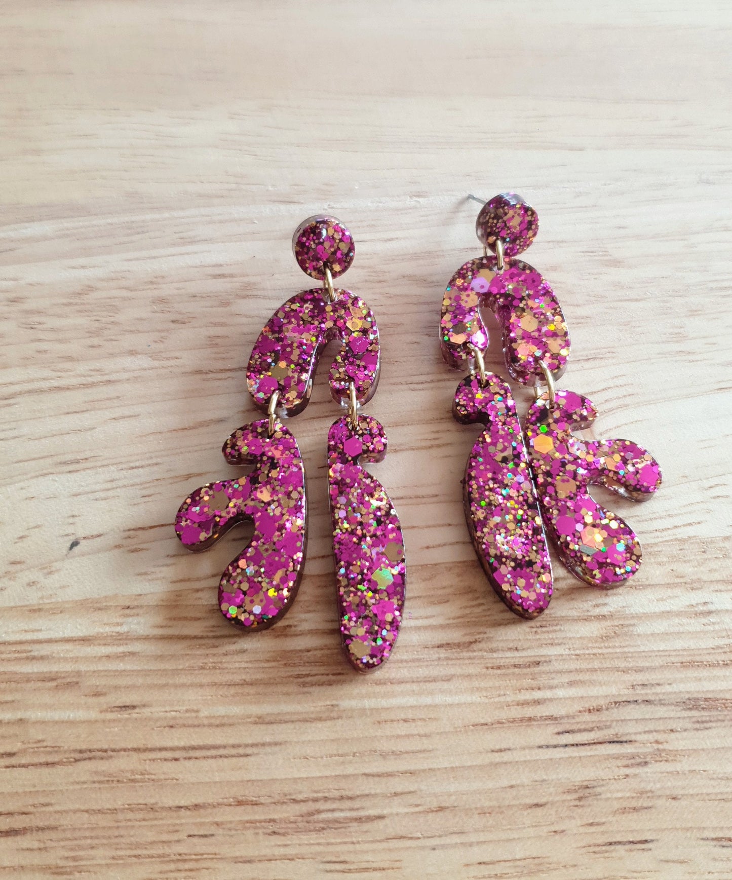 Unique Tutti Fruitti Shape Dangle Drop Earrings, Pink Gold Mix Glitter, Statement Handmade Resin Earrings