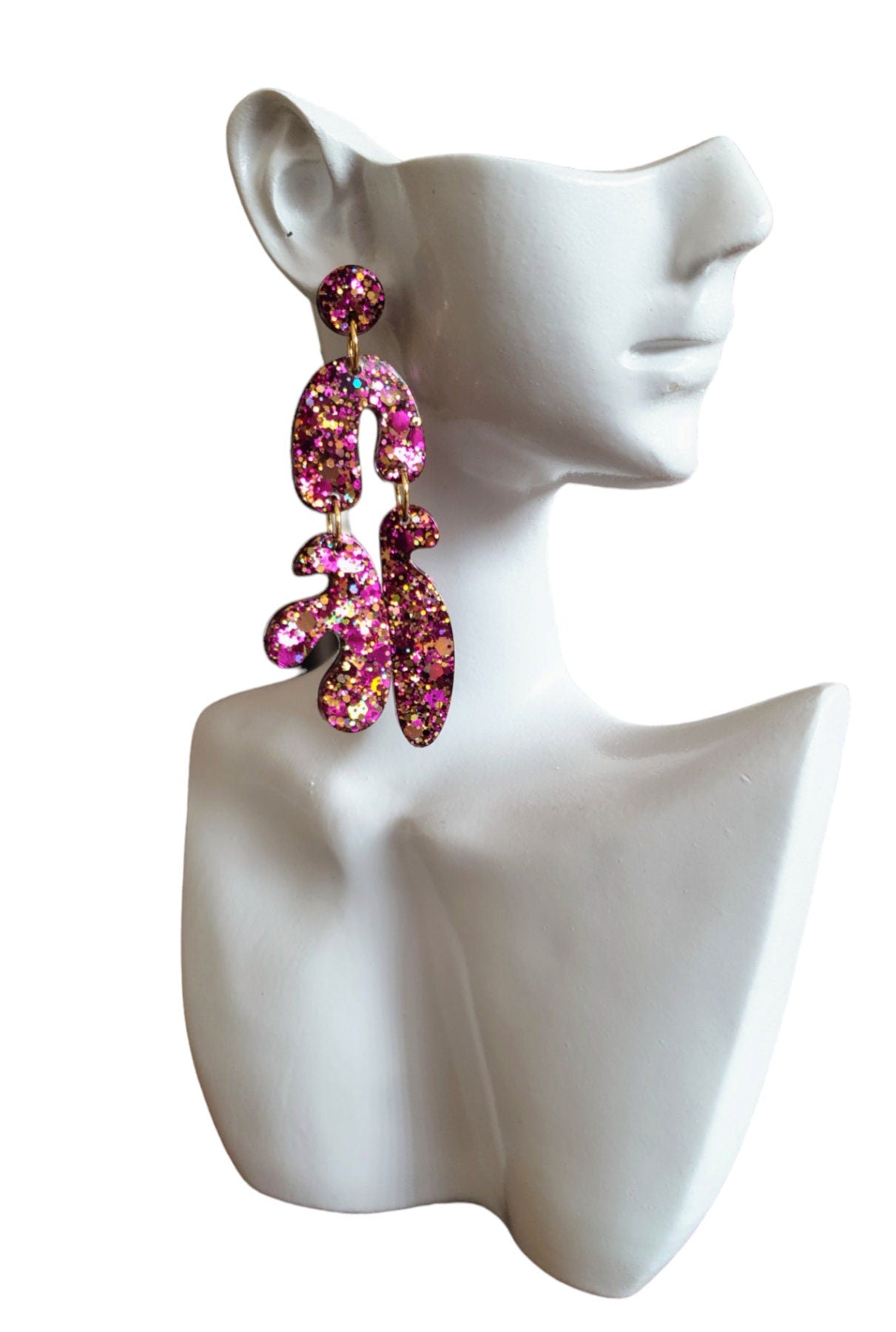 Unique Tutti Fruitti Shape Dangle Drop Earrings, Pink Gold Mix Glitter, Statement Handmade Resin Earrings