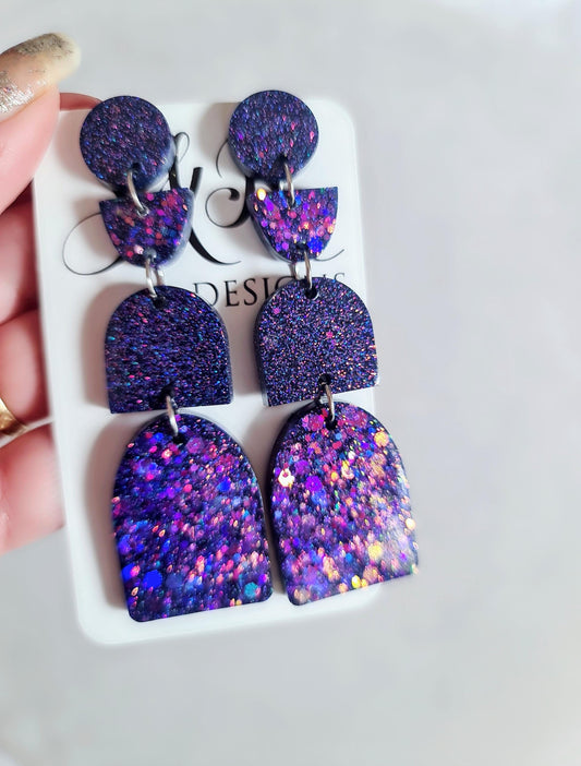 Multi Deep Purple Arch Dangle Earrings, Statement Earrings, Purple Glitter Dangle Stud Earrings