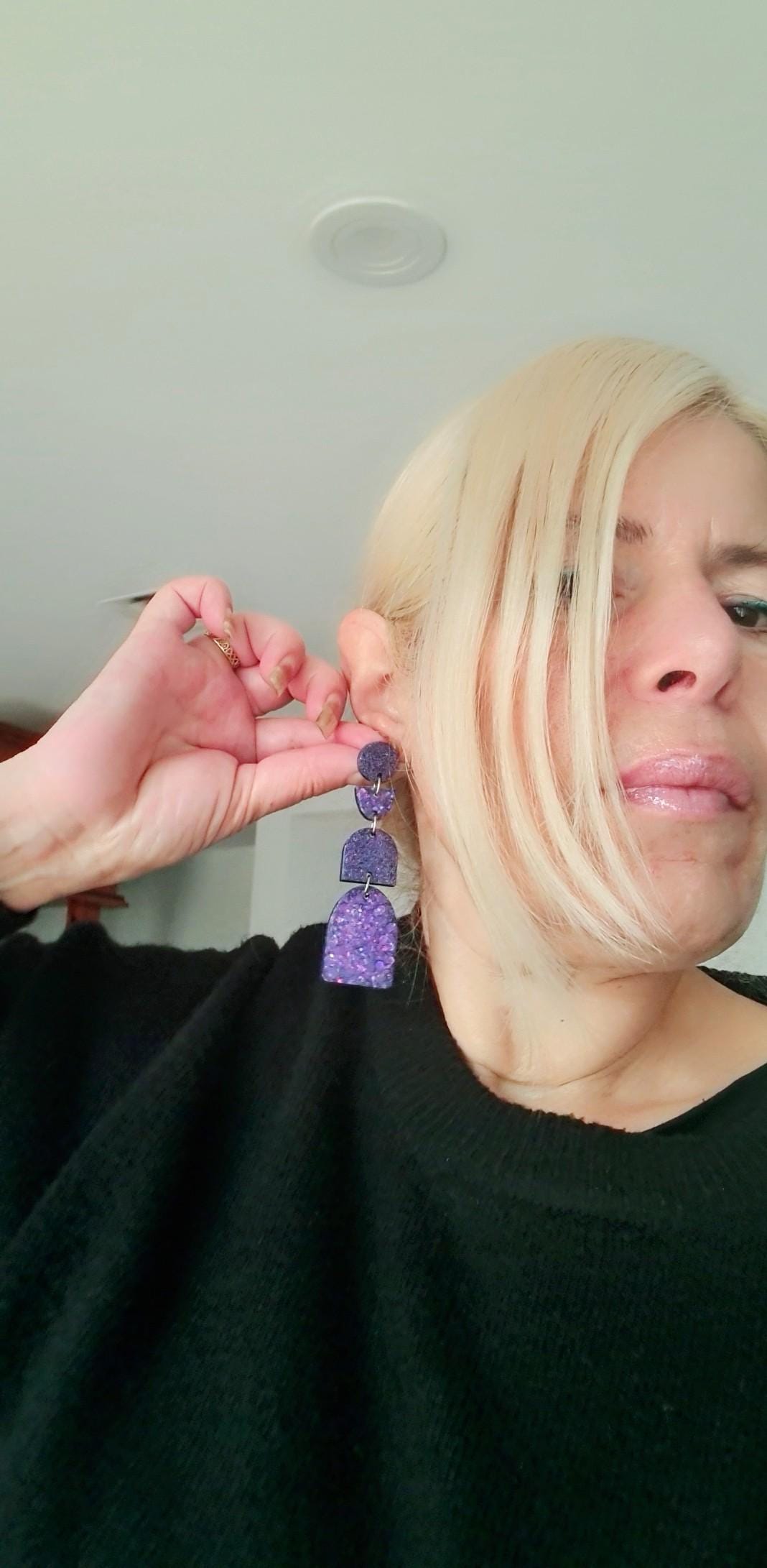 Multi Deep Purple Arch Dangle Earrings, Statement Earrings, Purple Glitter Dangle Stud Earrings