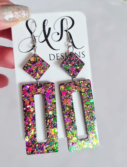 Glamour Chameleon Colour Changing Rectangle Long Dangle Earrings, Changes Green Gold to Pink Purple Glitter Resin Dangle Statement Earrings