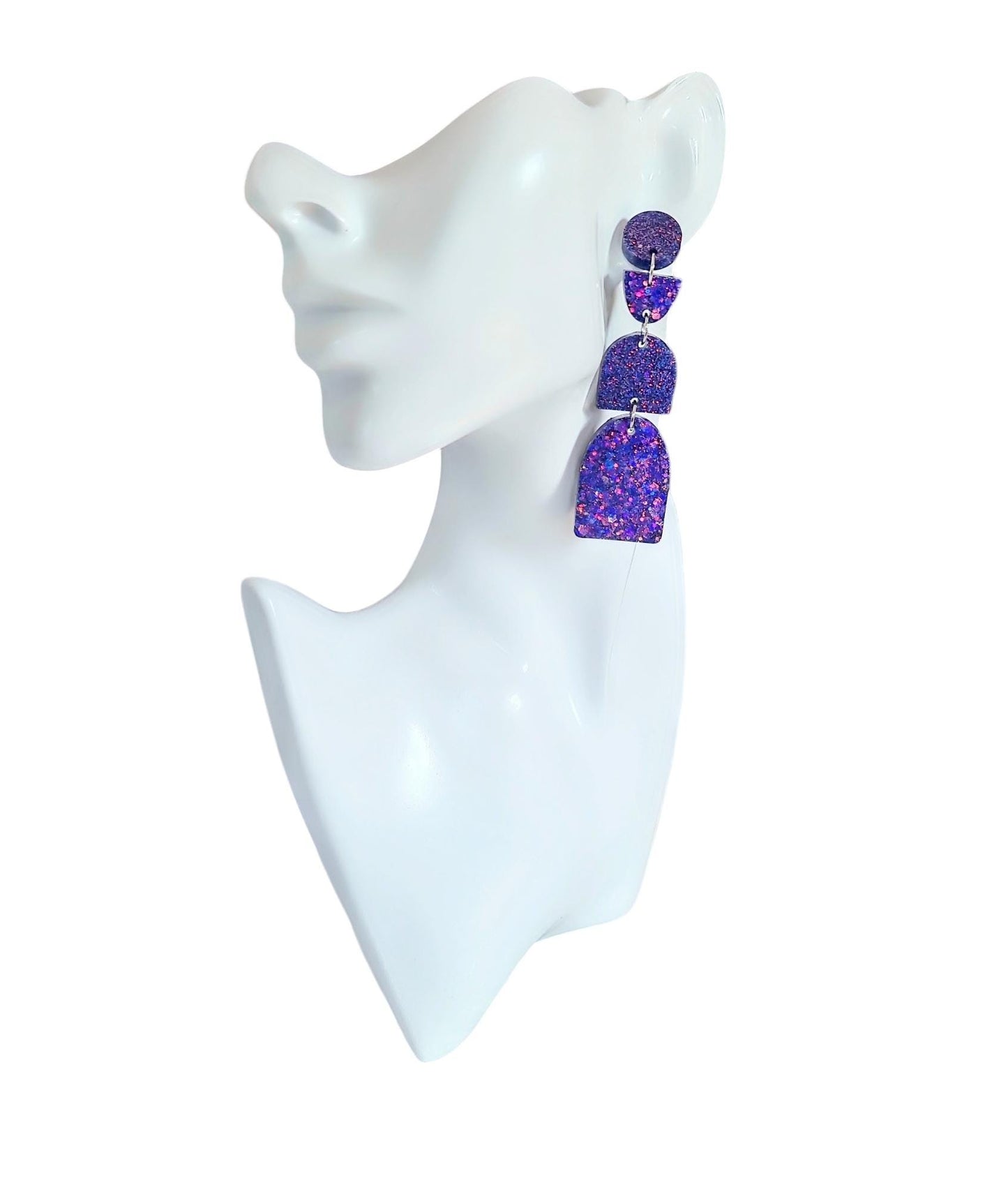 Multi Deep Purple Arch Dangle Earrings, Statement Earrings, Purple Glitter Dangle Stud Earrings