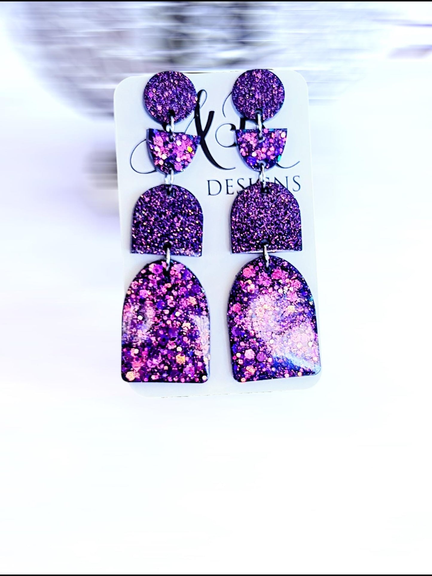 Multi Deep Purple Arch Dangle Earrings, Statement Earrings, Purple Glitter Dangle Stud Earrings