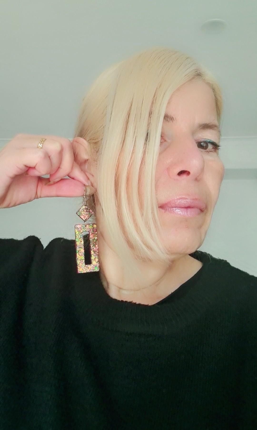 Glamour Chameleon Colour Changing Rectangle Long Dangle Earrings, Changes Green Gold to Pink Purple Glitter Resin Dangle Statement Earrings