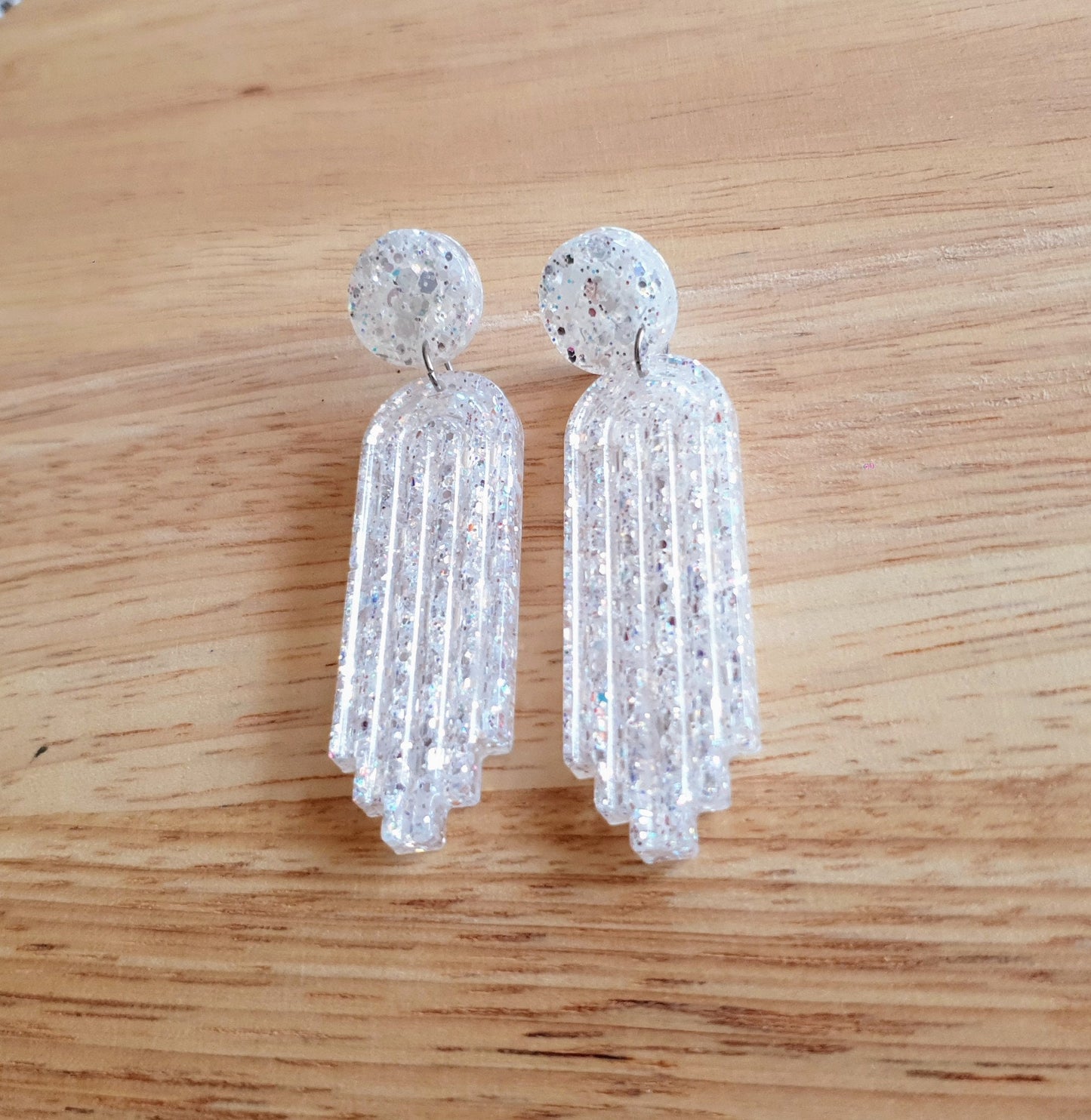 White Mirror Long Rectangle Dangle Drop Earrings, Statement Handmade Resin Gift, Maximalist Stainless Steel Dangles.