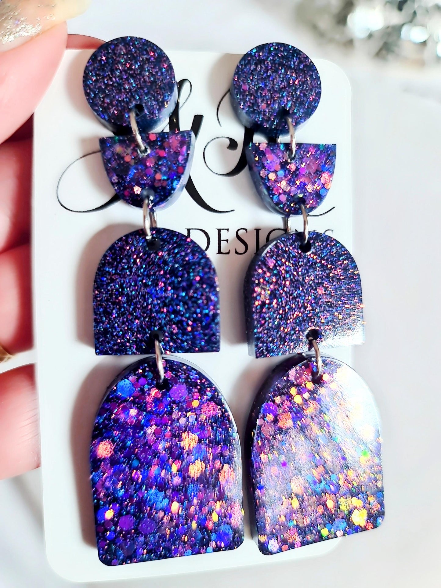 Multi Deep Purple Arch Dangle Earrings, Statement Earrings, Purple Glitter Dangle Stud Earrings