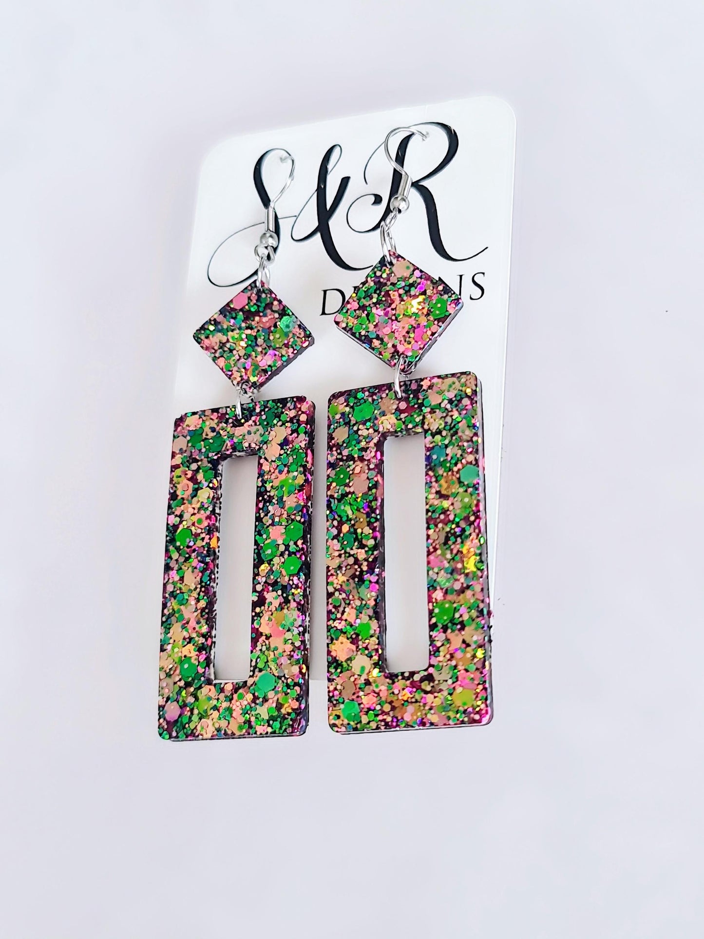 Glamour Chameleon Colour Changing Rectangle Long Dangle Earrings, Changes Green Gold to Pink Purple Glitter Resin Dangle Statement Earrings